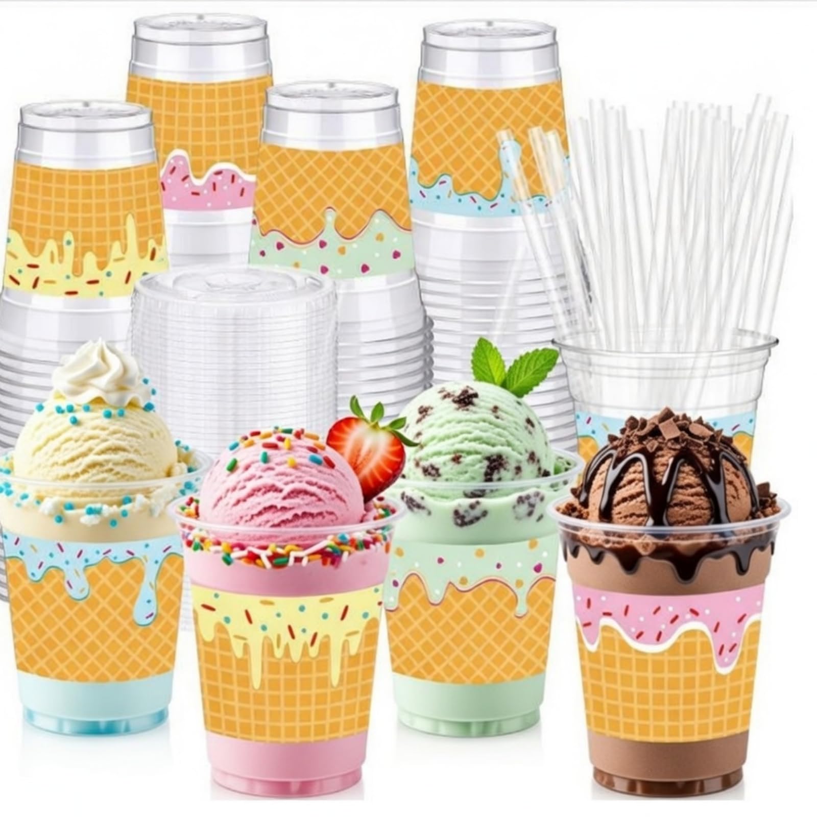 Jingmore 48 Set 12oz Clear Ice Cream Themed Party Cup Disposable Plastic Dessert Parfait Cups with Lids and Straws Summer Ice Cream Disposable Cold Drinking Party Favors for Outdoor Bar Supplies