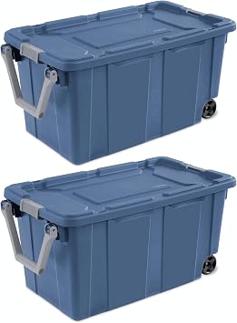 YHNNH Industrial Storage Tote with Wheels, Blue, Heavy-Duty Plastic, 40 Gallon, Latching Lid, Stackable, 36.75x21.38x18 Inch, 2 Pack