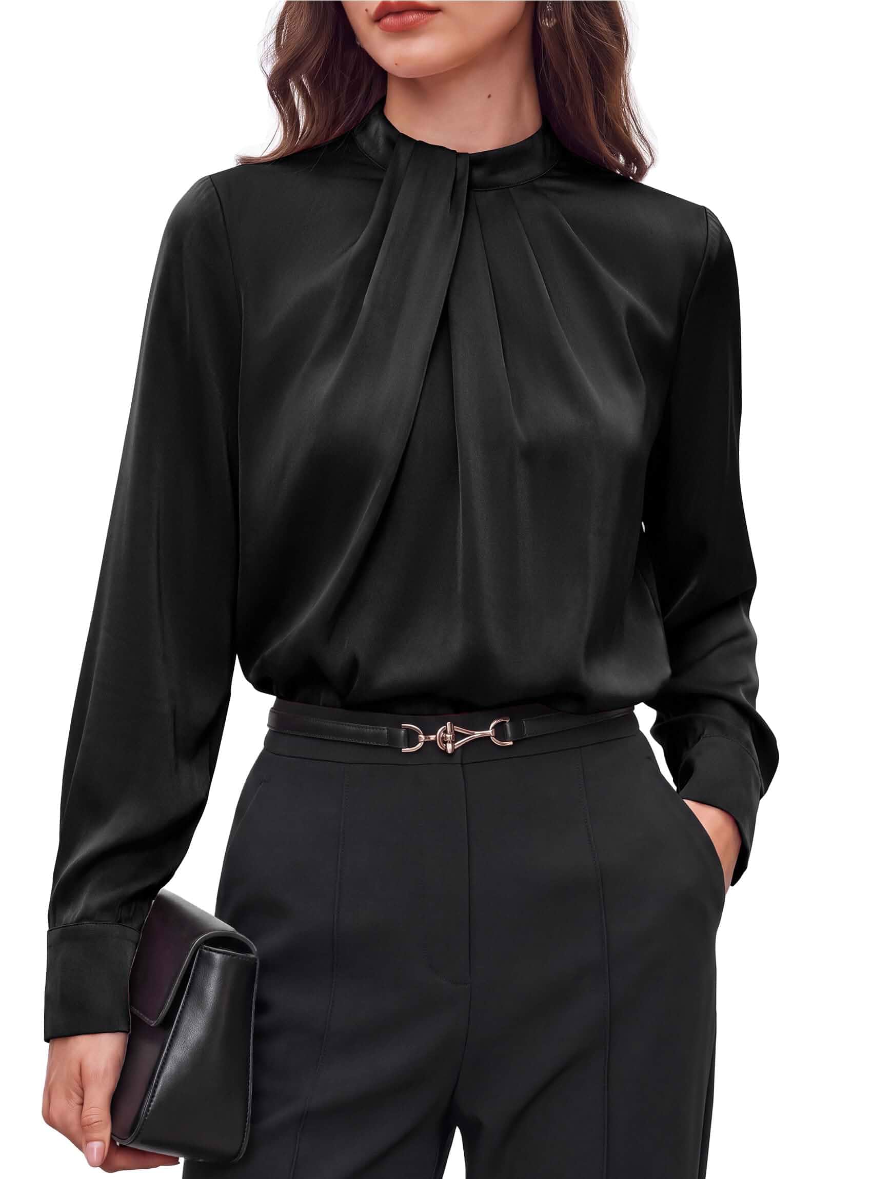 PRETTYGARDEN Satin Blouses for Women Dressy Casual Long Sleeve Shirts Pleated Mock Neck,Elegant Silk Blouse,Professional Office Work Attire,Business Casual Oufits,Fall Clothes 2026 Trendy