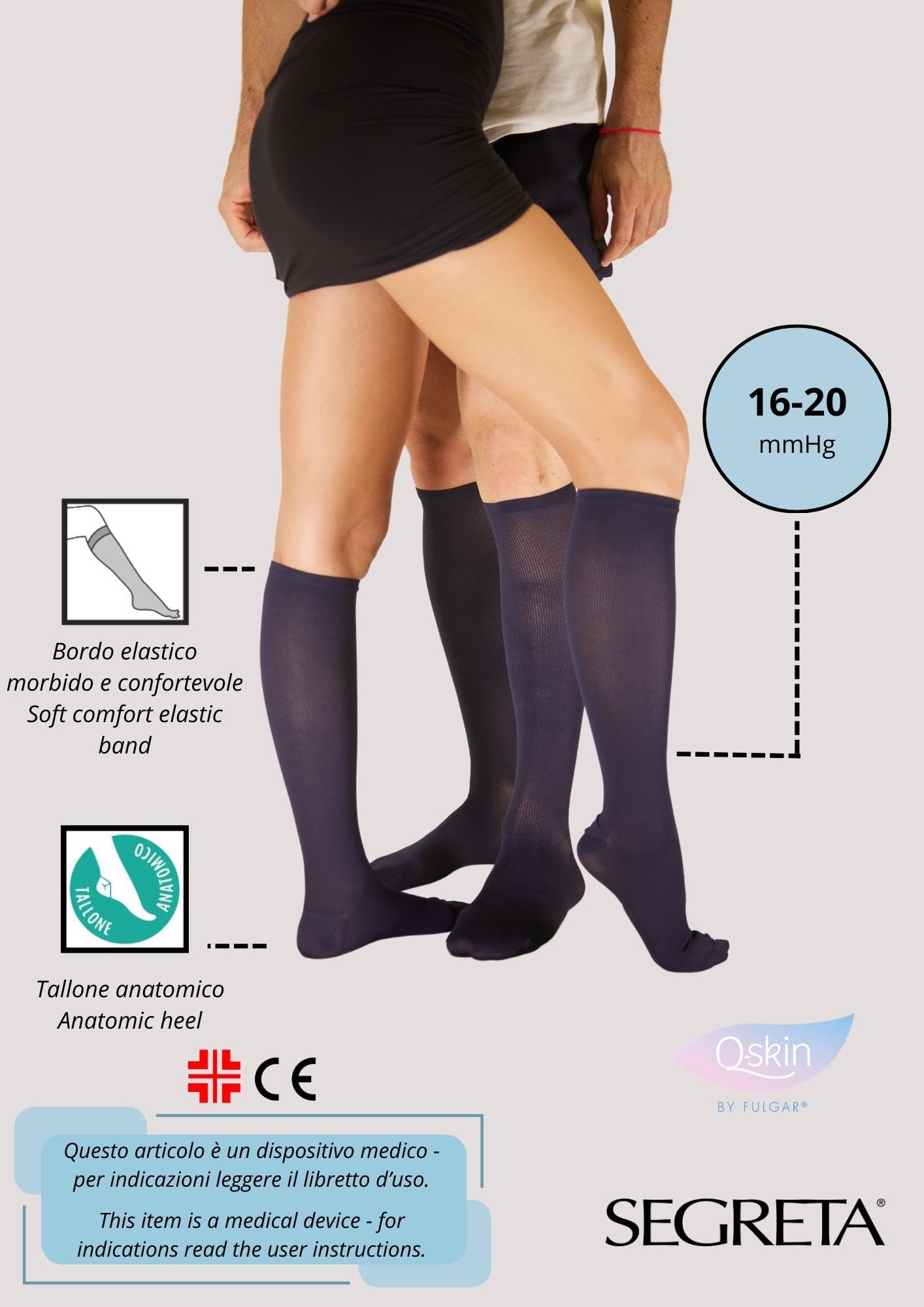 SEGRETA 00159 - Calza Compressione Graduata Uomo Donna, Calzino Riposante Unisex, Gambaletto in Cotone con Effetto Batteriostatico, Morbido e Confortevole, 16-20 mmHg