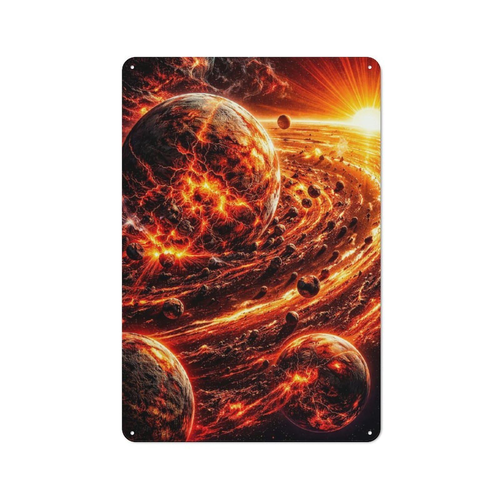 Junmoney Style-14 Fiery Planets In Cosmic Nebula Vintage Metal Plaque 30X20cm For Living Room Wall, Suited To Living Room Decor Lovers