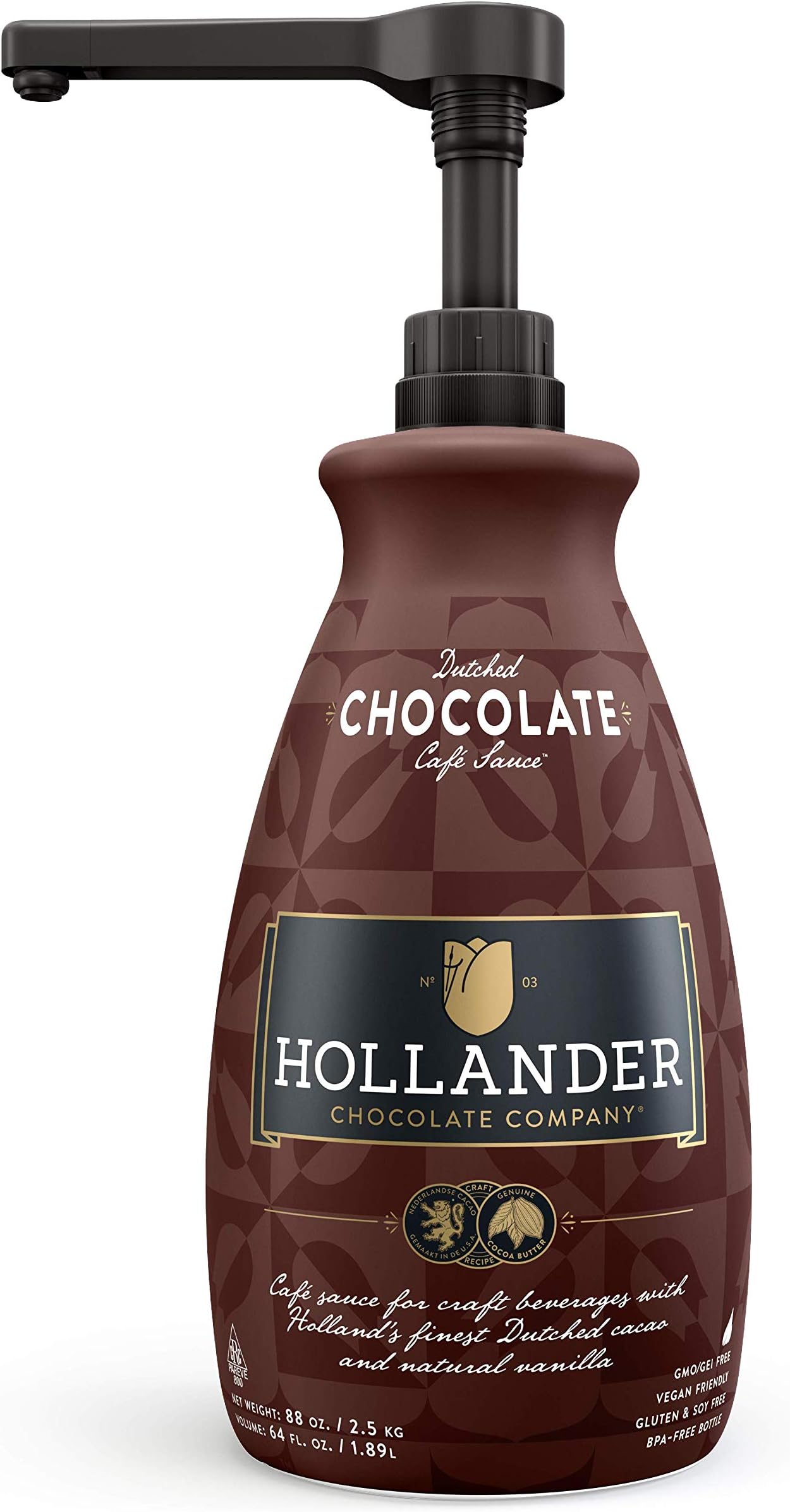 Dutched Chocolate Café Sauce™ by Hollander Chocolate Co. | Perfect for the Professional or Home Barista | Rainforest Alliance Certified | Net Wt. 89 oz (64 fl. Oz.) Large Bottle (PUMP Included)