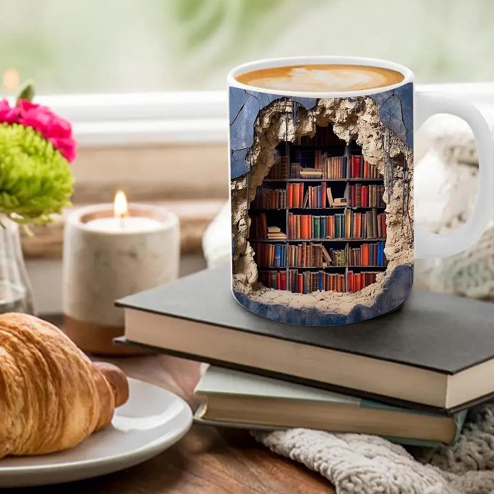 Tazza Caffè 3D Libreria - Design Creativo Ceramica 320ml Per Appassionati Lettori - Foto 2