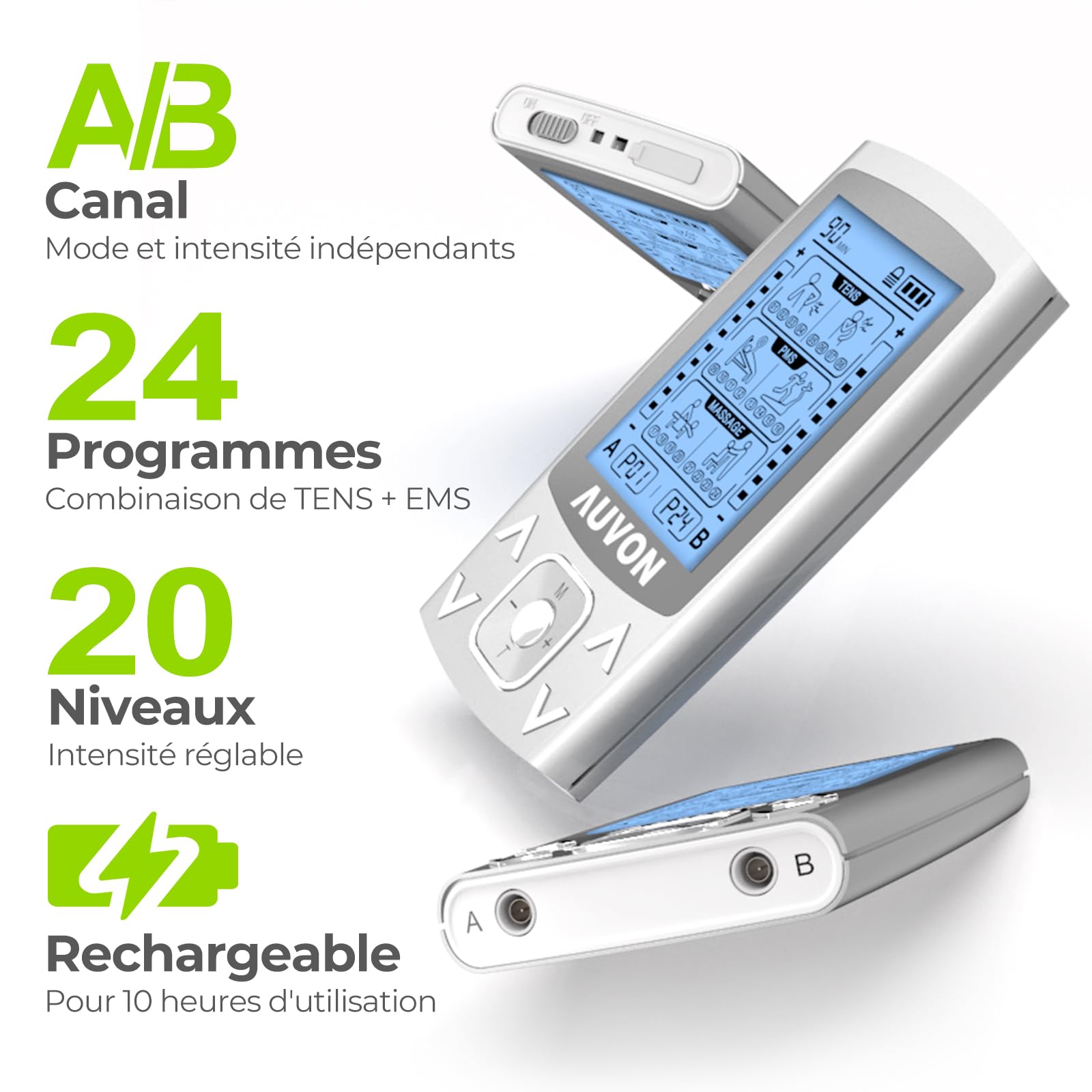 AUVON 3 EN 1 TENS EMS Electrostimulateur Musculaire de Canaux Double pour le soulagement de la douleur, la stimulation musculaire, et la massage relaxation, 24 programmes de Massage + 12 électrodes