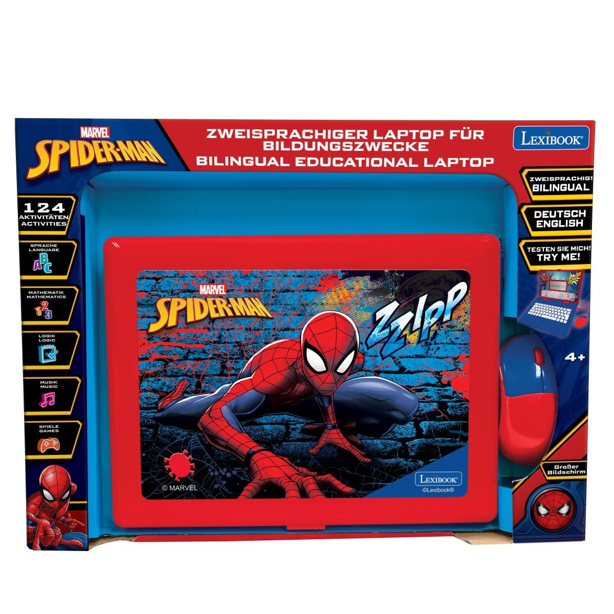 Lexibook JC598SPi3 Spider-Man Dwujęzyczny Laptop do Celów Edukacyjnych Angielski i Niemiecki, 124 Aktywności, Matematyka, Logika, Muzyka, Zegar, Gry, Zabawka dla Dzieci (Dziewczynki i Chłopcy),