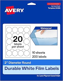 Avery Durable White Round Waterproof Labels, 2" Diameter, Laser/Pigment-Based Inkjet Printer Compatible, 200 Printable Labels Total, Great for Branding, Packaging, and More
