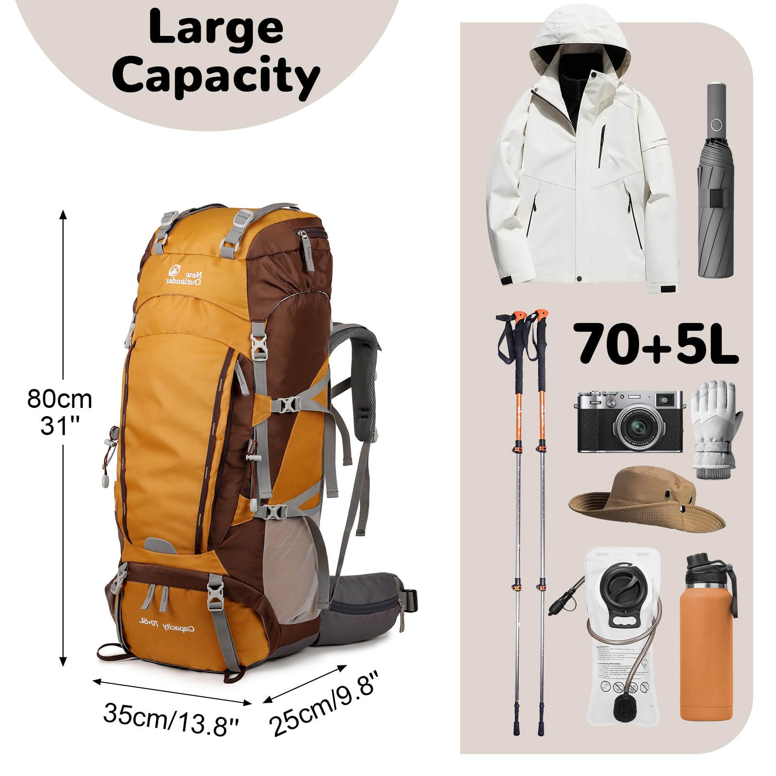 75L Grand Mochila Senderismo con Marco Interno, Mochila Montaña Acampada con Soporte de Aluminio Desmontable, Mochila Viaje Impermeable para Trekkimg Excursiones, Amarillo