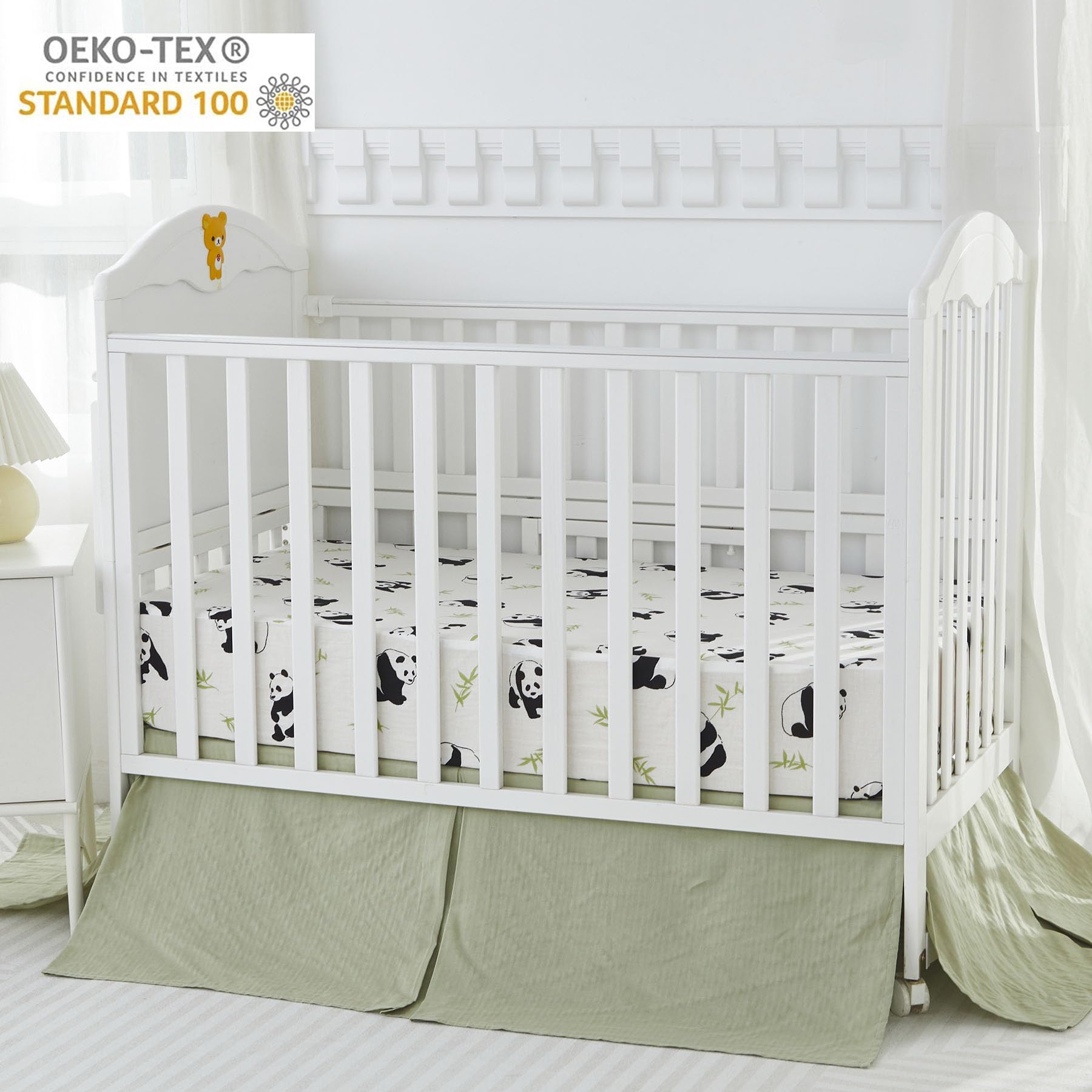 Brandream Sábanas para cuna para niños y niñas, sábana bajera ajustable para colchón de cuna estándar, sábanas impresas de panda neutro para niños, tela de gasa doble de muselina de algodón, blanco y