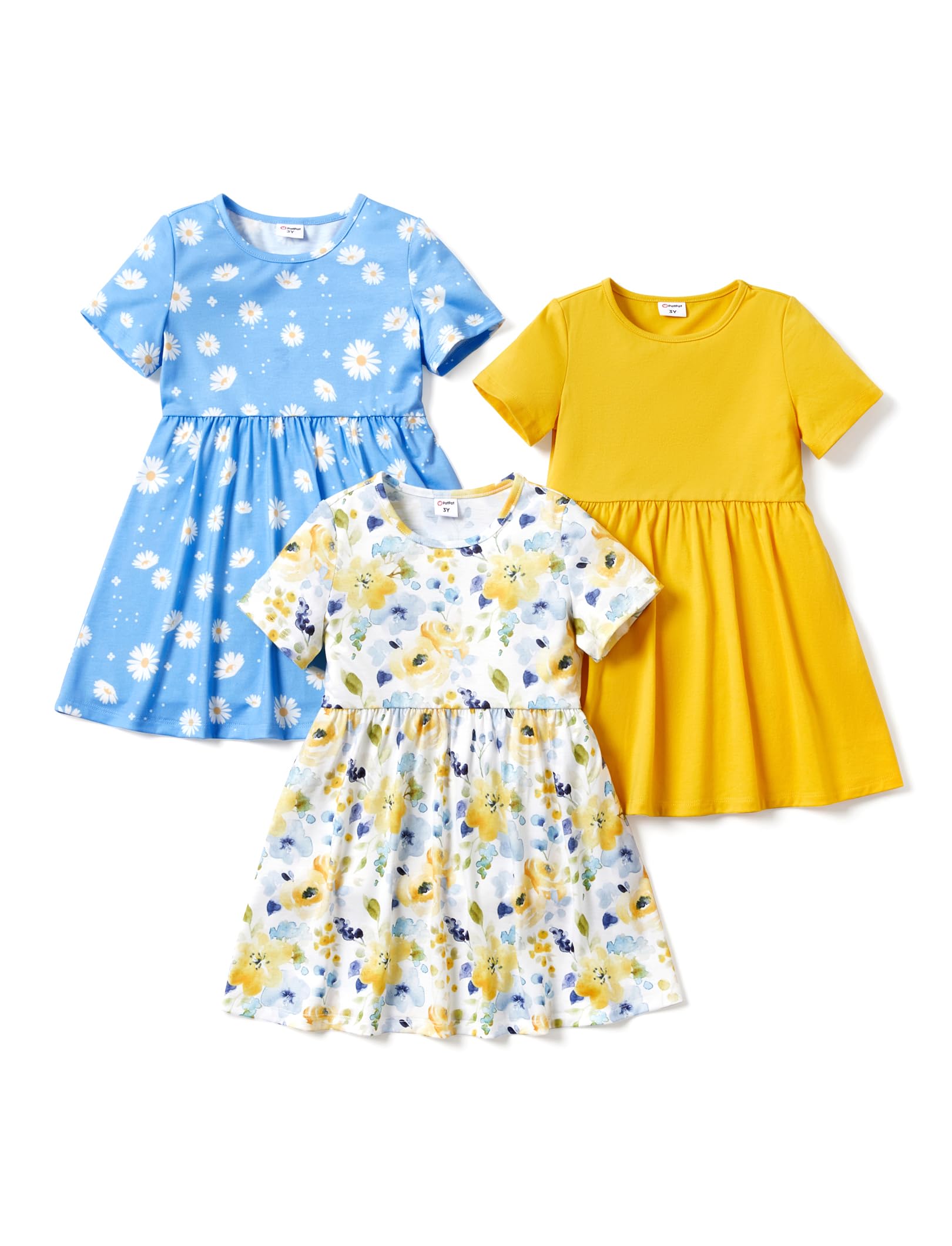 PATPAT Set di Vestiti per Ragazze, Confezione da 3 Abiti Estivi con Maniche Corte e Volant in 3 Stampe Diverse, Feste di Compleanno, Banchetti, Vacanze, Abiti da Principessa per Ragazze, 2-7 Anni