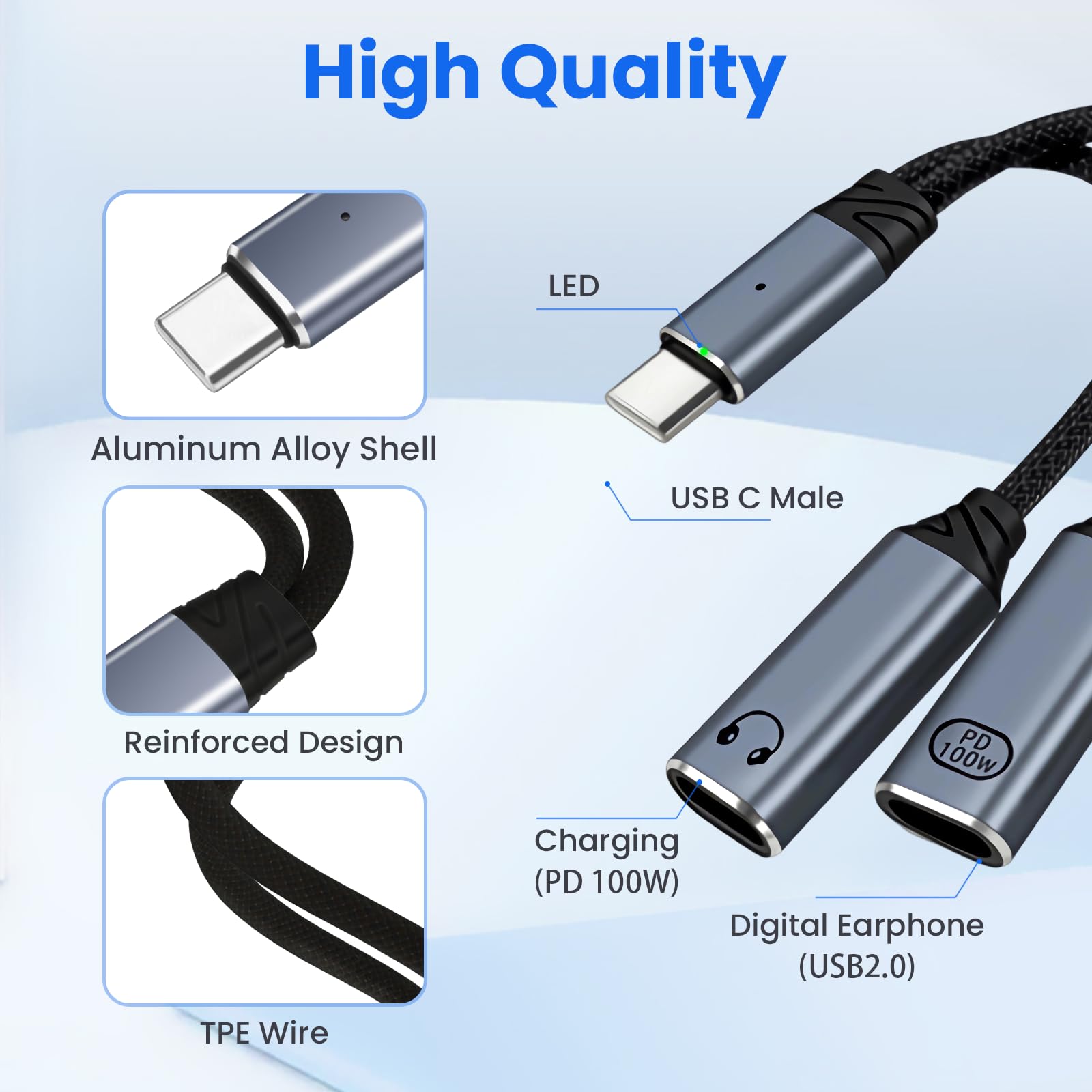 Adattatore di ricarica USB-C Splitter a doppia porta, convertitore audio PD 100W ricarica rapida Gray