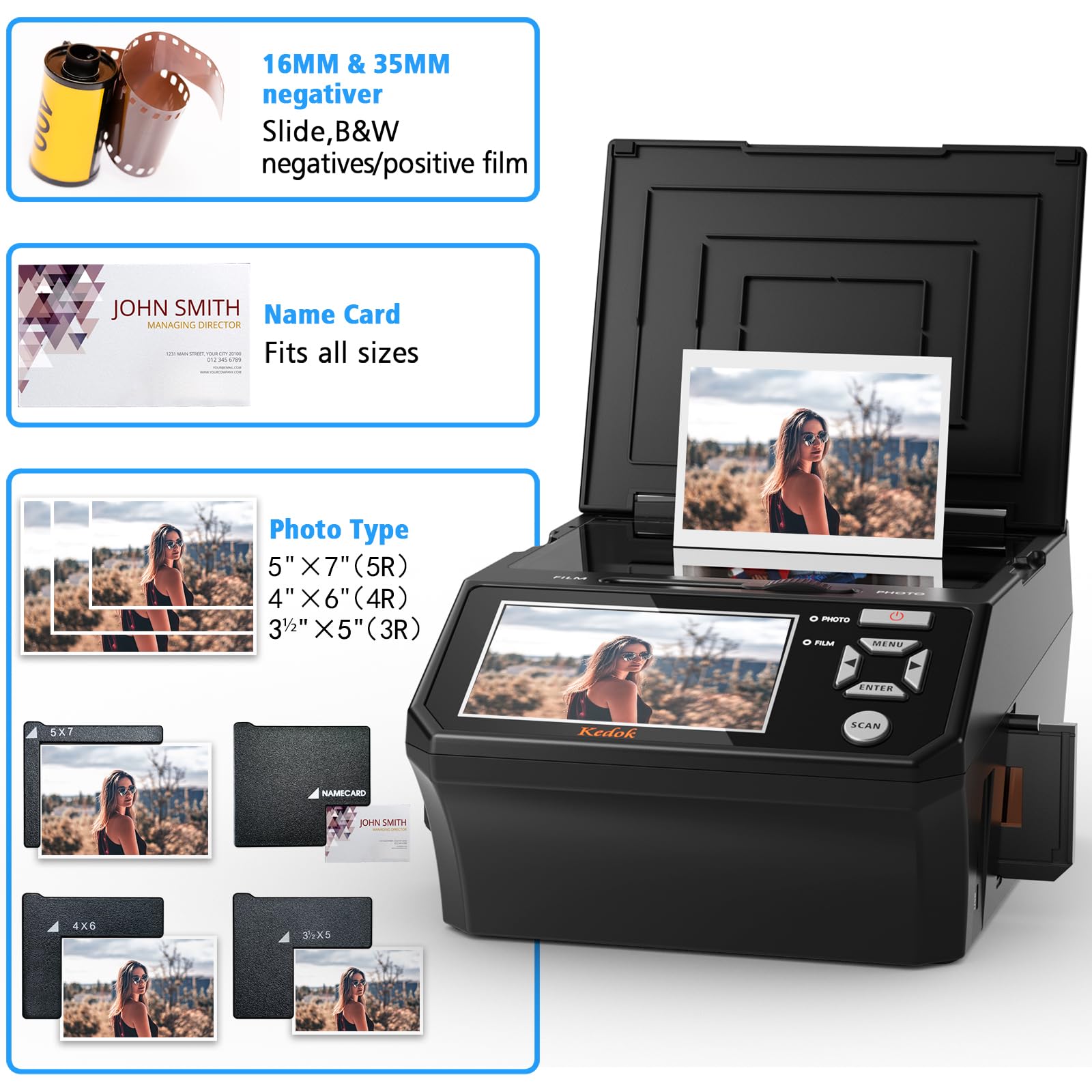 Scanner multi-photos pour photos, diapositives et négatifs, scanner photo à numériser avec grand écran LCD de 5, convertir 35 mm, 110 films/photo/carte de visite en JPEG numérique 22 MP