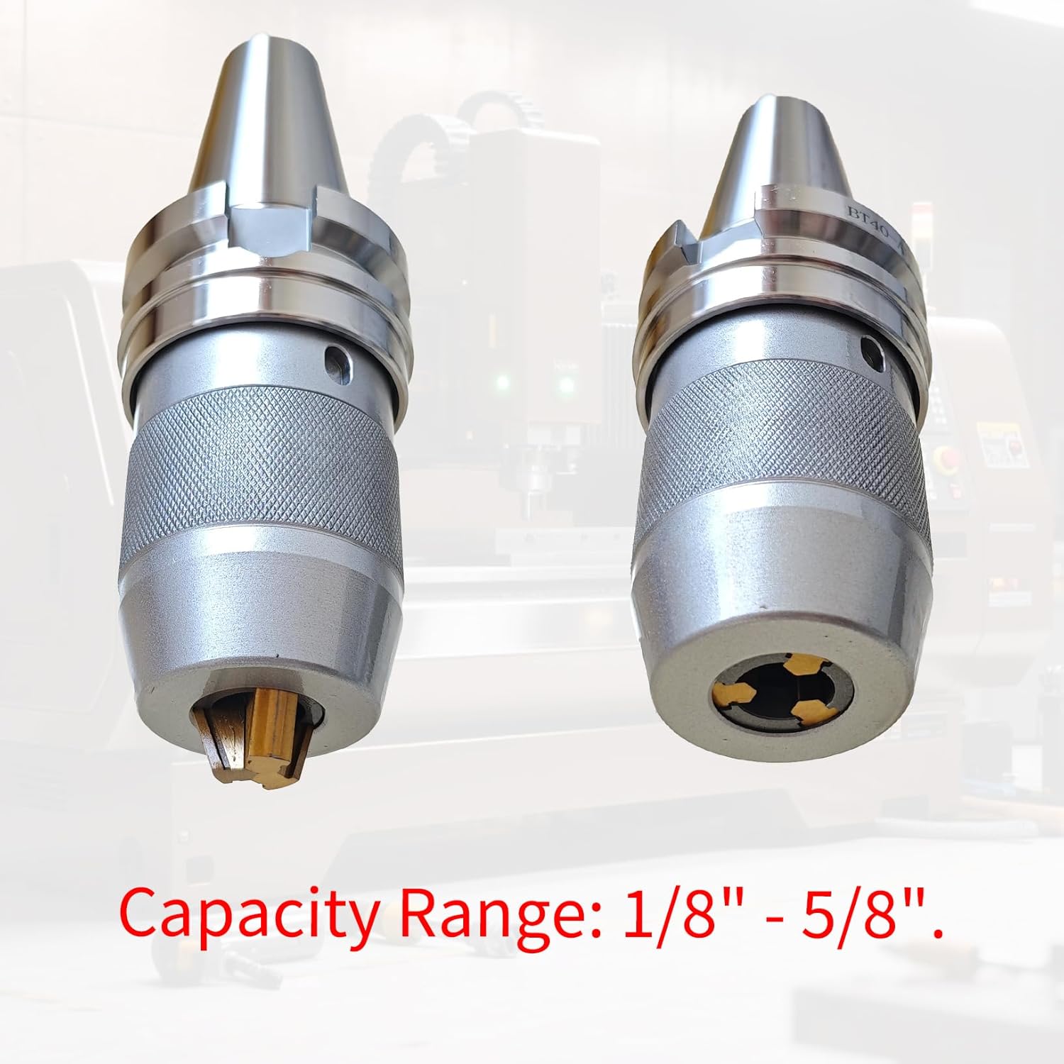 BT40 Keyless Drill Chuck, 1/8" - 5/8" Capacity, Integrated Shank, BT40 Pull Stud, APU16 Wrench, Self-Tightening Drill Chuck