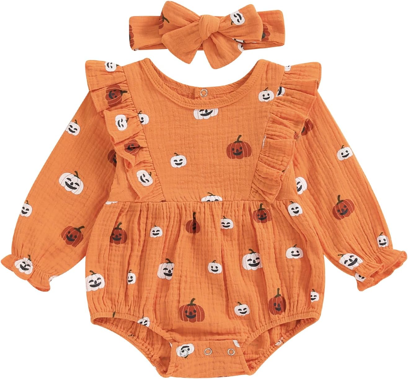 Fall Baby Girl Clothes Pumpkin Long Sleeve Bubble Romper Ruffle Bodysuit Jumpsuit Halloween Outfit with Headband