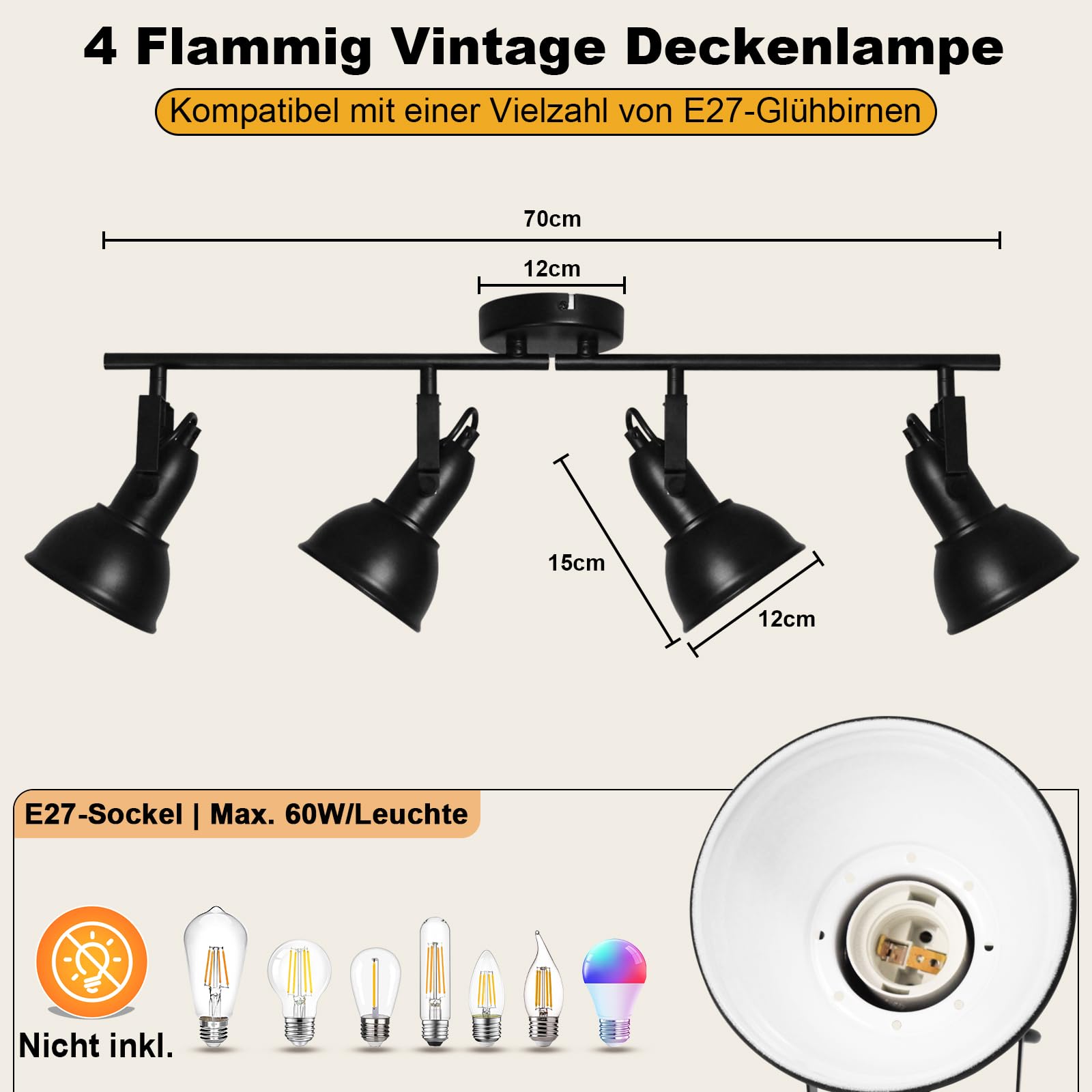 Deckenlampe 4 Flammig Schwenkbar E27 Deckenleuchte Wohnzimmer | Industrial, Schwarz-weiß, Deckenstrahler mit Verstellbaren, Vintage Metall, Wandlampe Innen, Ohne Leuchtmittel