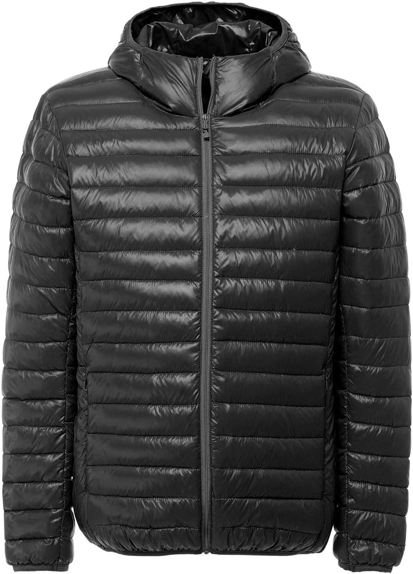 Mens Down Jacket Packable Hood Lightweight Foldable Pack Puffer Fit Zip Down-Filled Jacket Top Outerwear Windbreaker Slim Coat XL Black