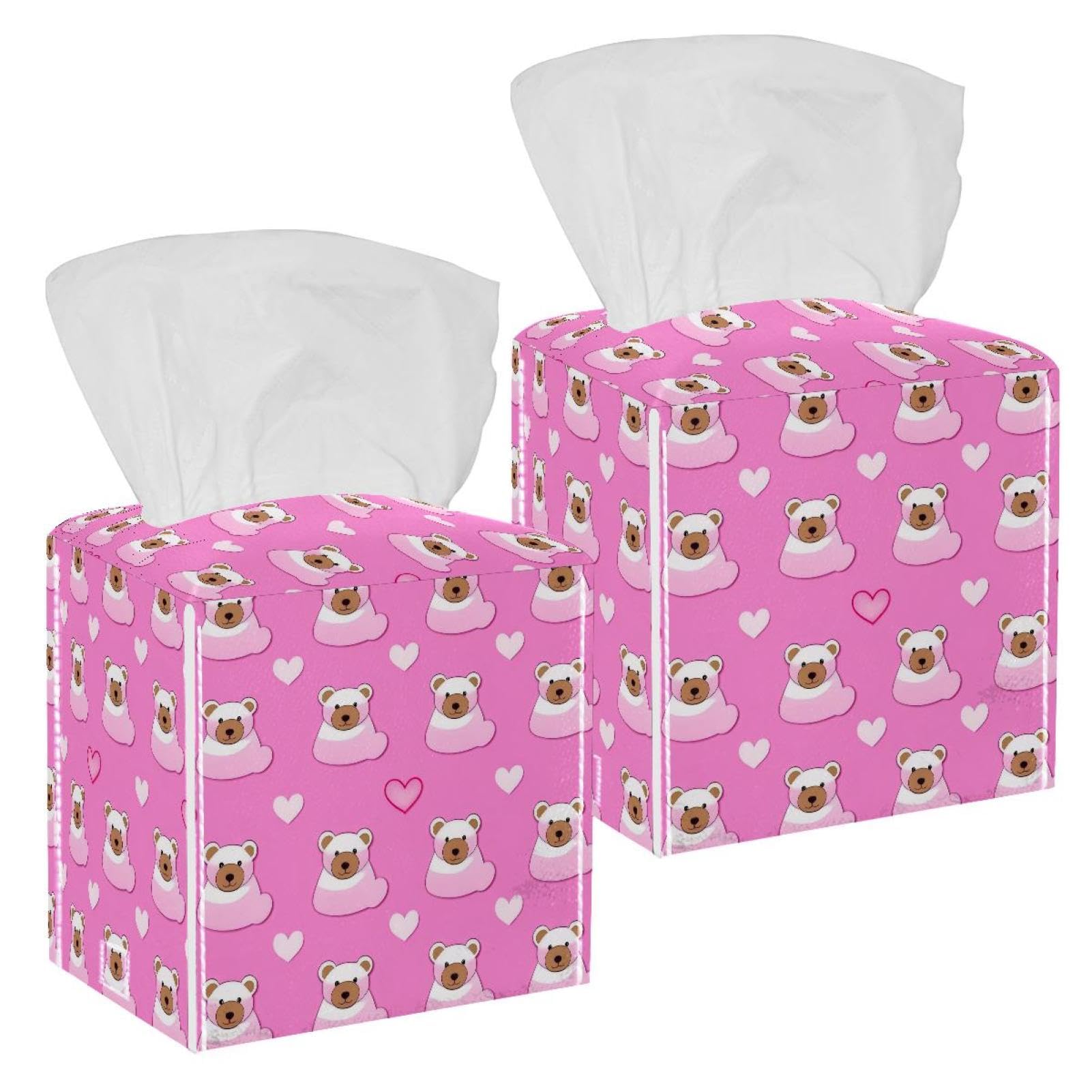 Bear Hearts Tissue Box Cover, 2 Pack PU Leather Square Facial Tissue Dispenser Box holder for Home Office Car