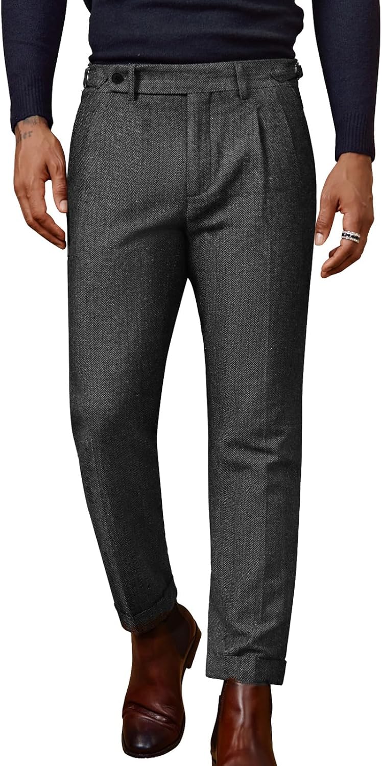 PJ PAUL JONES Mens Tweed Herringbone Pants Winter Warm Business Dress Pants for Wedding Grey - Image 2