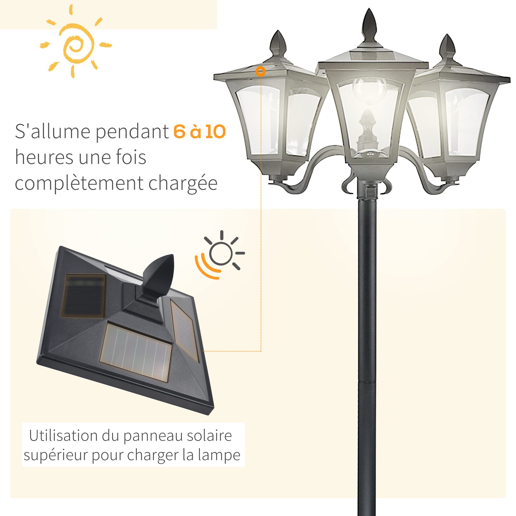 Outsunny Lampadaire de Jardin Extérieur à LED Solaire avec Capteurs H182 cm