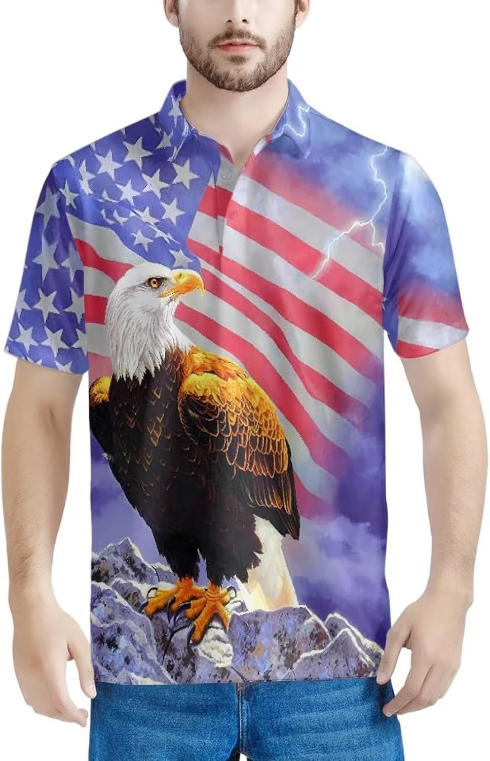 AFPANQZ Men's Casual Shirts Golf Tee Button Down Short Sleeve Casual Sports Shirts Halloween Christmas Party Outfit Medium American Flag Eagle image 3 of 8 B0851DNMHV