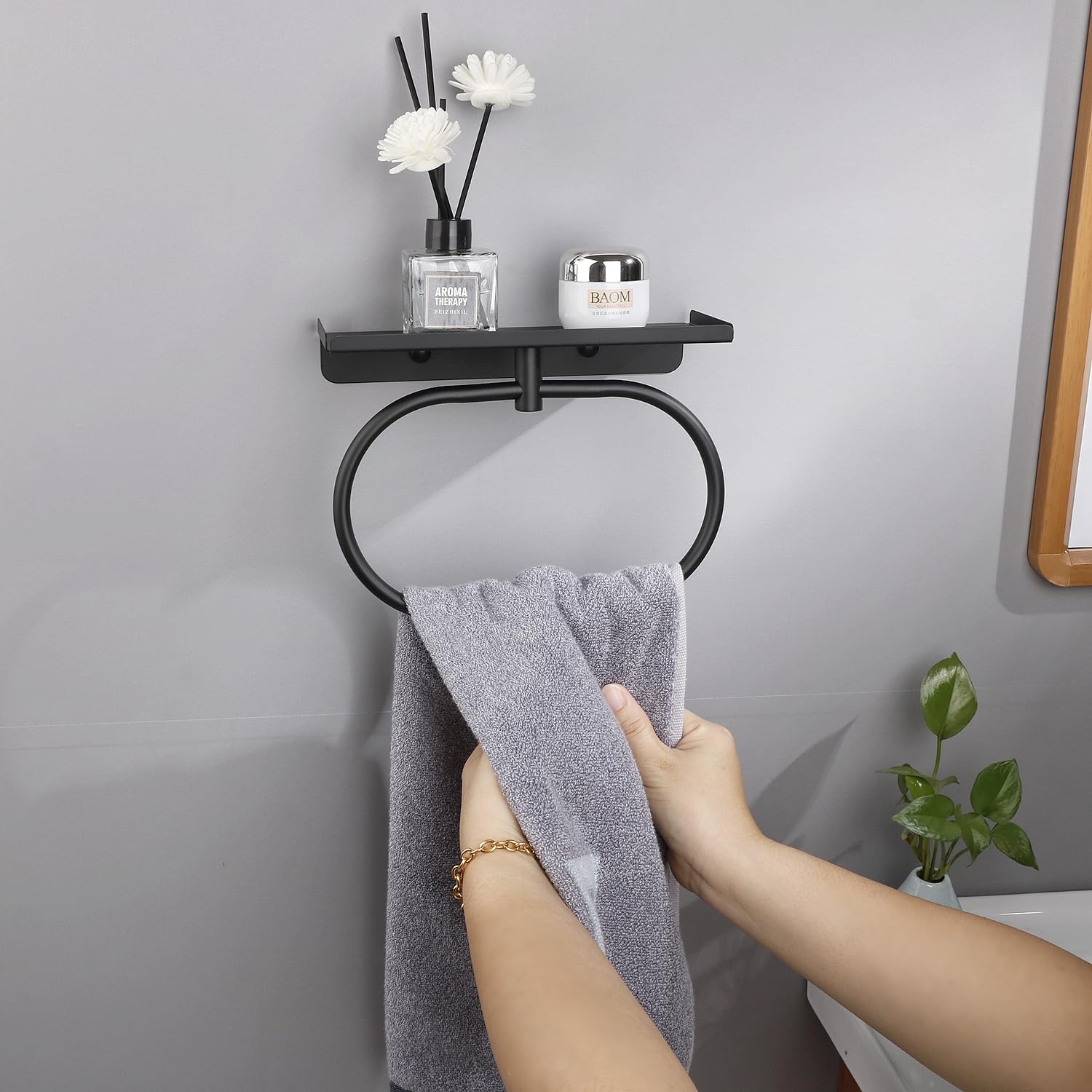 Towel Ring With Shelf – 304 Stainless Steel Self-Adhesive Or Screw-Mount Hand Towel Holder For Bathroom Or Kitchen (Black)