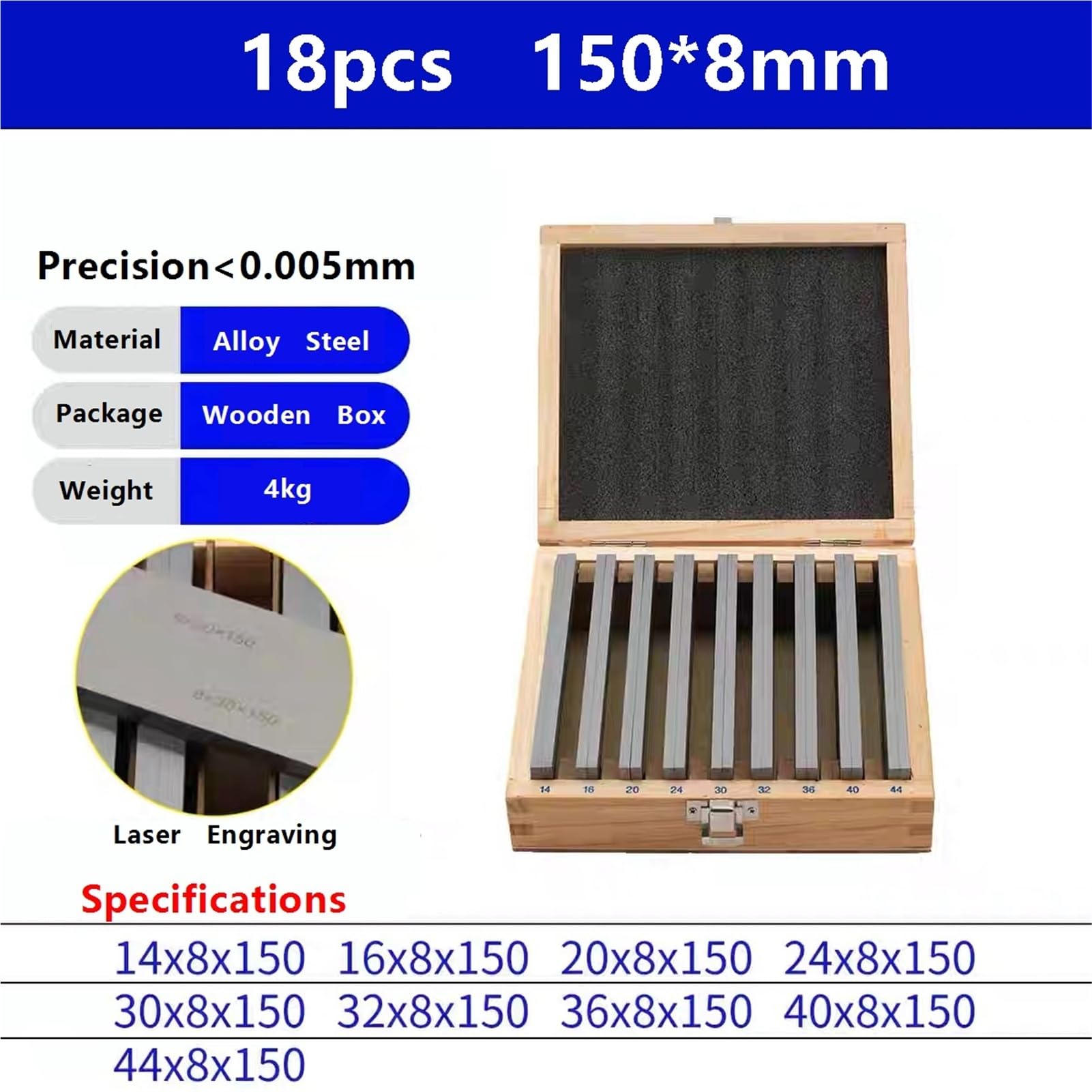 Bases paralelas Juego de 18 almohadillas de calibre paralelo de 150 x 8 x (14-44) mm for fresadora CNC