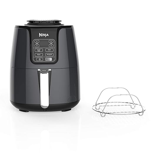 Ninja Air Fryer, 1550-Watt Programmable Base for Air Frying, Roasting, Reheating & Dehydrating with 4-Quart Ceramic Coated Basket (AF101), Black/Gray (Renewed)