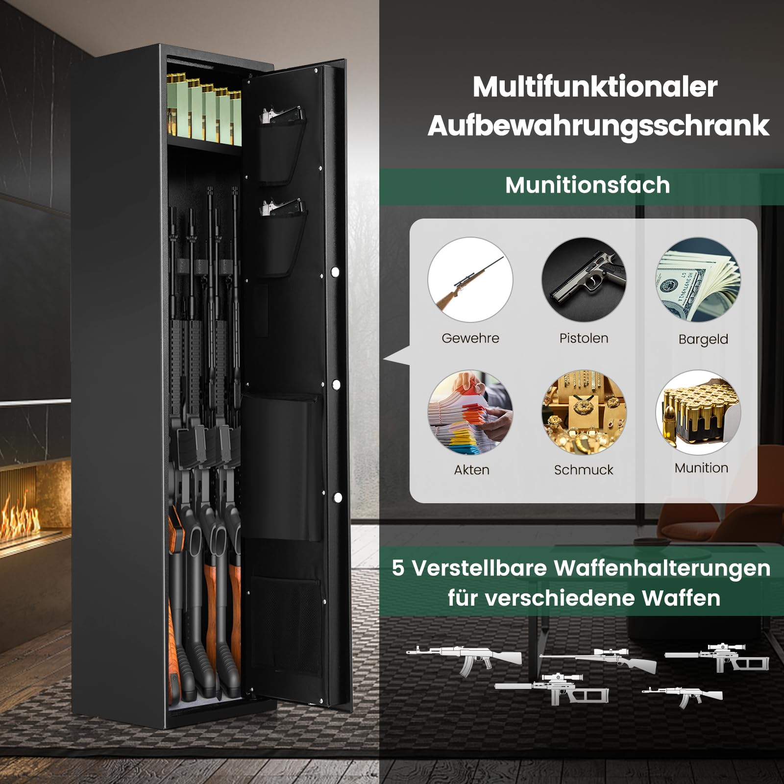COSTWAY Waffenschrank für 5 Gewehre, Waffentresor verstellbar mit Elektronikschloss, Fingerabdruck, Munitionsschrank aus Stahl mit Pistolenfächern, Taschen, Langwaffenschrank für Pistolen, Munition