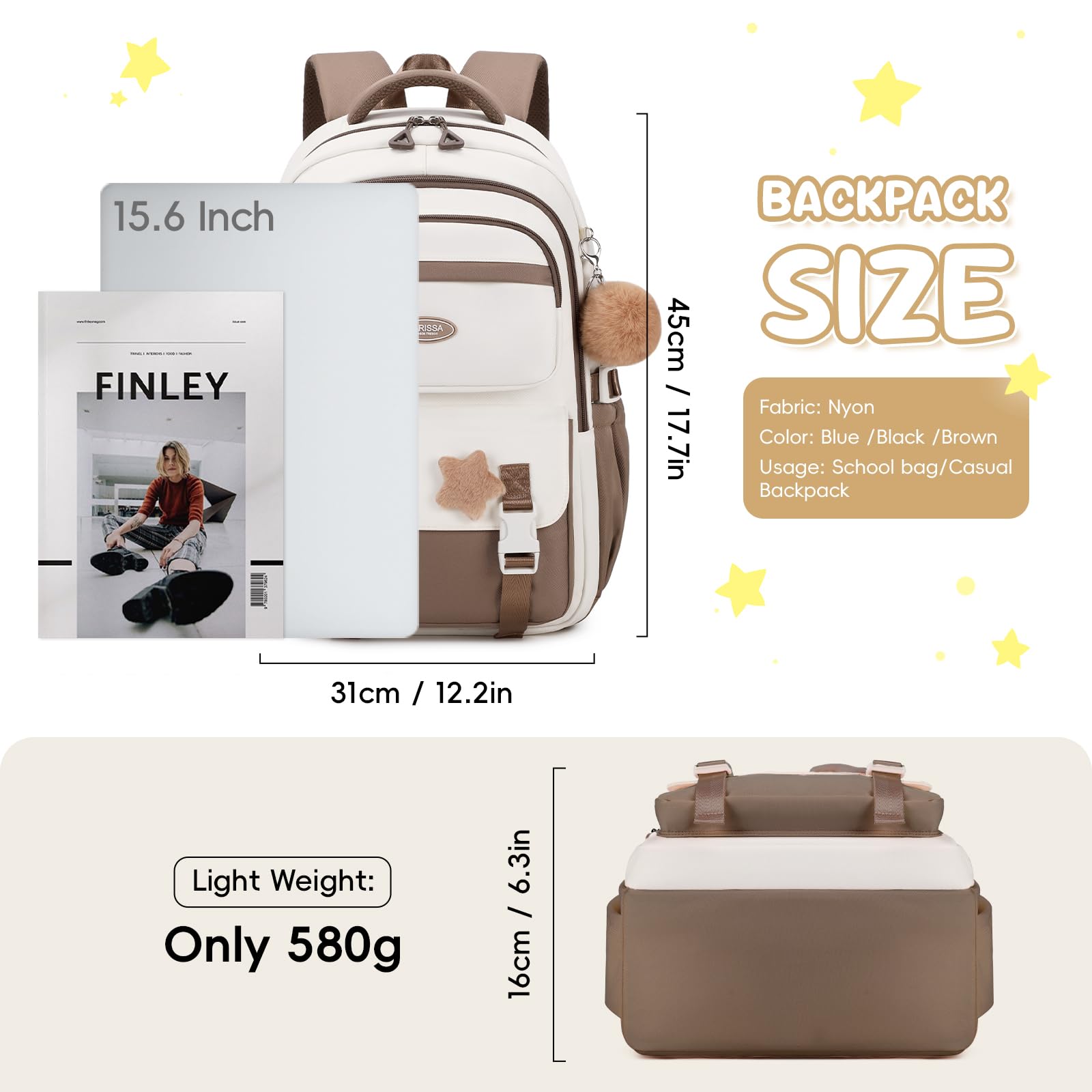 Amythe Schulrucksack Mädchen, Leichter Schulranzen 3.-5. Klasse, Braun | Großer Kinderrucksack mit Pom-Pom-Anhänger und Sternenabzeichen, Lässiger Rucksack für Teenager mit Trolleyband, Schulstart