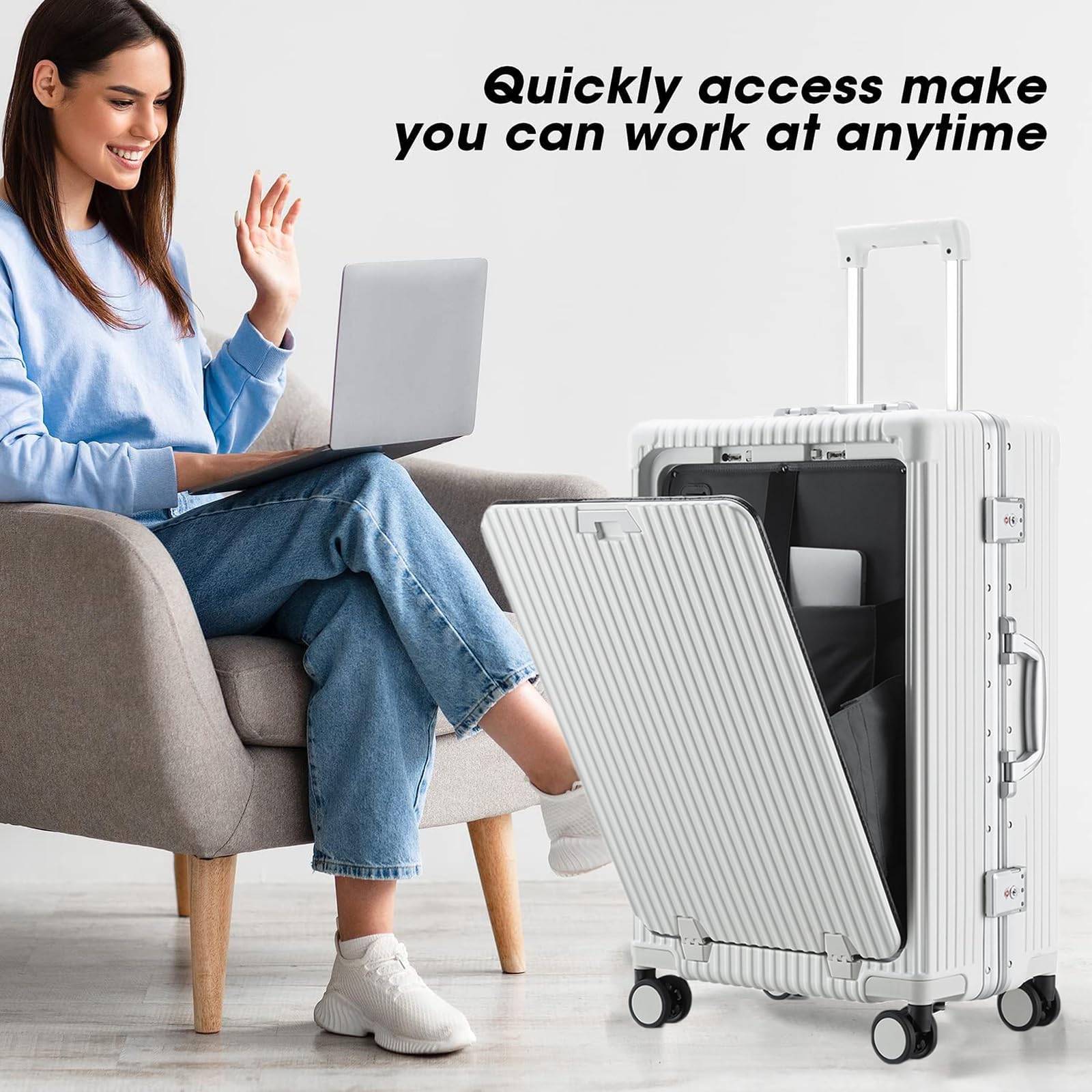 LANMOU Maleta de Cabina 20″, Marco de Aluminio + PC, Puerto USB, Blanco | Maleta Cabina Rígida 56×35×23 cm con 4 Ruedas, Cerradura TSA