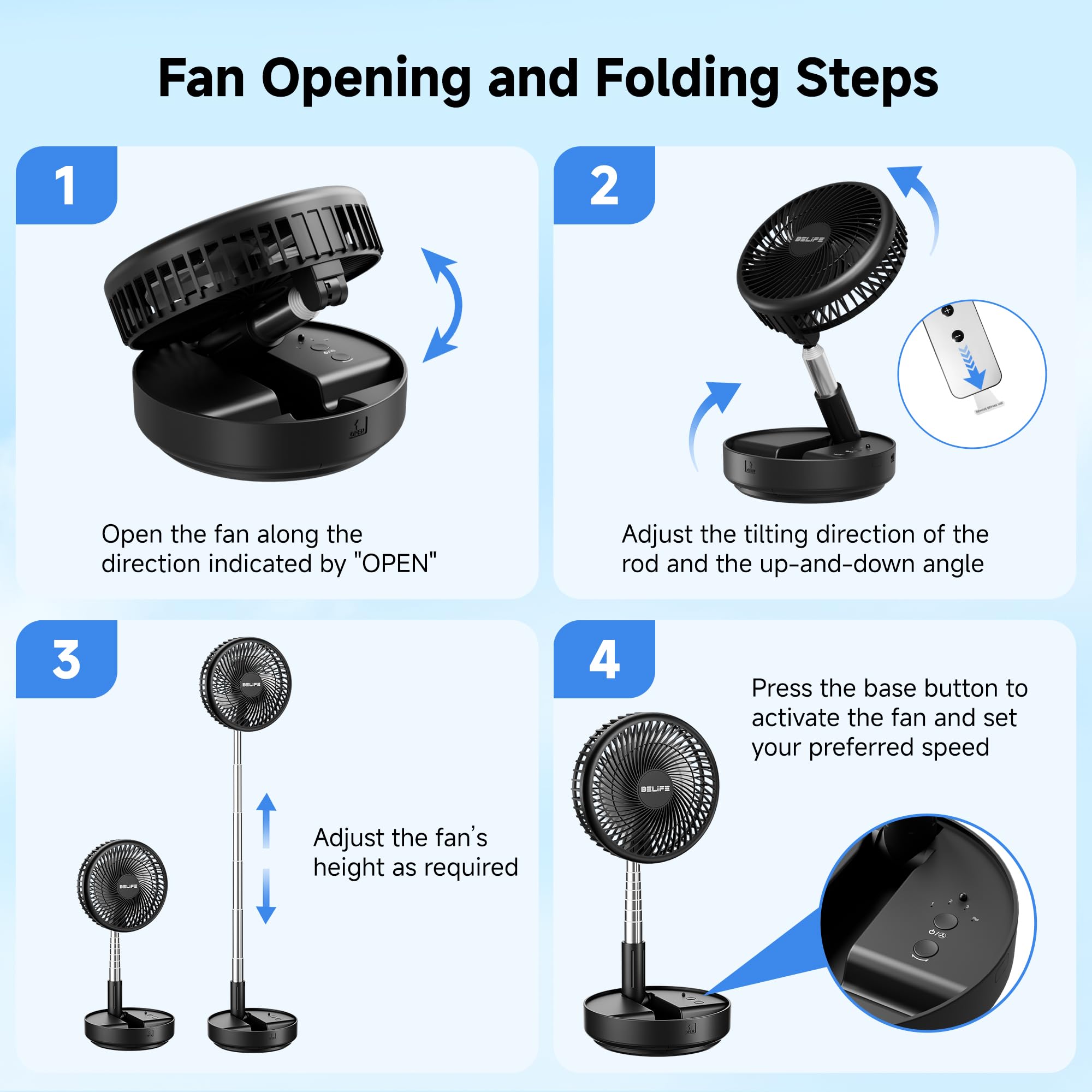 Belife Ventilador portátil X8, ventilador inalámbrico que funciona con pilas, ventilador oscilante recargable de 7200 mAh, control remoto y ventilador telescópico plegable (negro)