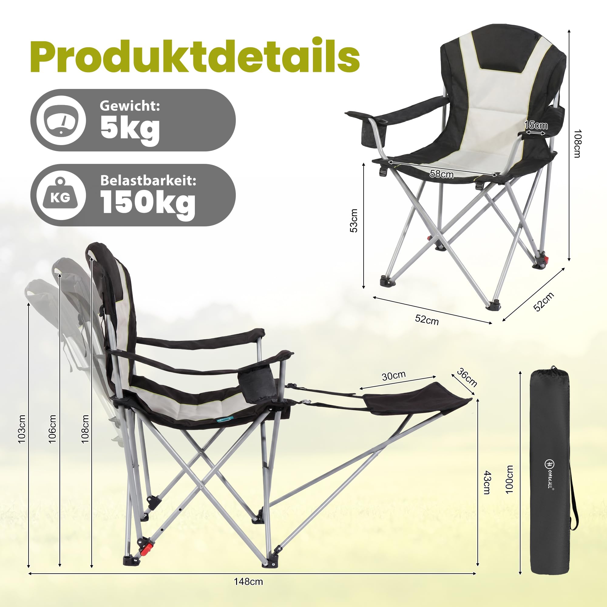 Homecall Sedia da campeggio pieghevole 2 in 1, con poggiapiedi, fino a 150 kg, sedia da pesca, pieghevole, con poggiatesta, portabicchieri e borsa per il trasporto, per campeggio all'aperto (1 pezzo)