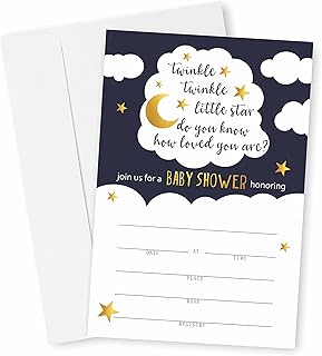 Twinkle Twinkle Little Star Baby Shower Invitation, Over The Moon Baby Shower Invites Decorations, Gender Reveal Party and Events Supplies, 25 Fill-in Invites Cards with Matching Envelopesï¼ˆYQK-034ï¼‰
