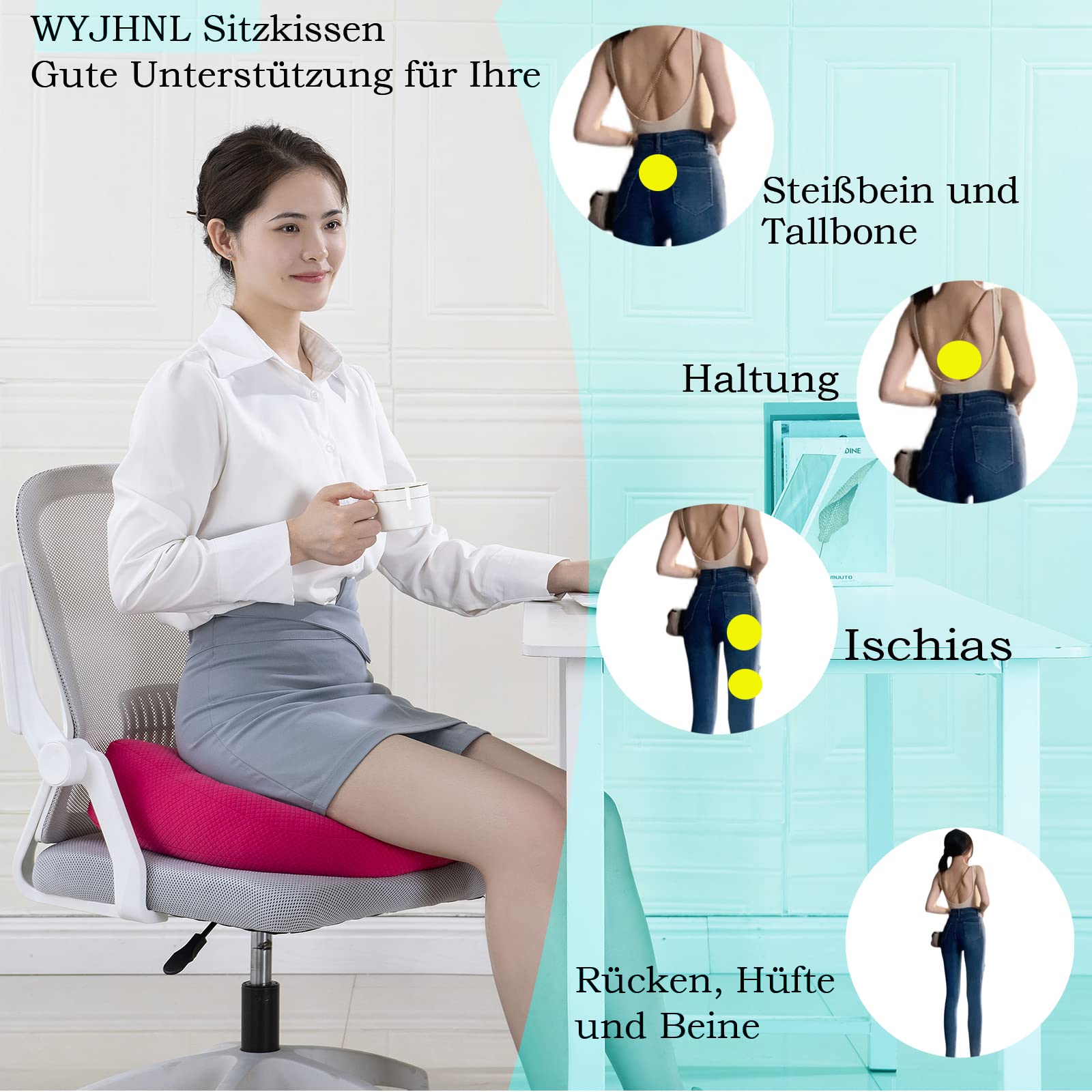 WYJHNL Ergonomisches/Orthopädisch Sitzkissen Kissen für Bürostuhl/Auto, Sitzauflage/Sitzauflagen/Sitzerhöhung Auto Erwachsene Sitzerhöhung für Hintern, rückenschmerzen, Boden, Stuhl 40x40cm pink