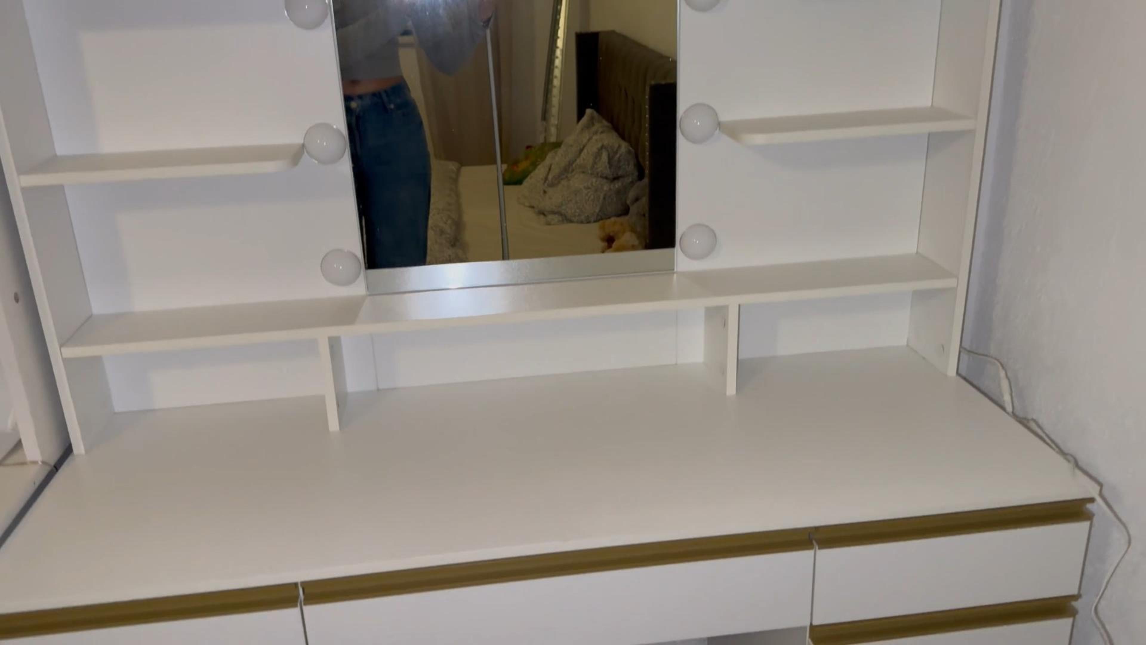 Coiffeuse Avec Miroir LED RGB 100 Cm - 8 Tiroirs, Rangement Bijoux, Table De Chevet Intégrée, Blanc