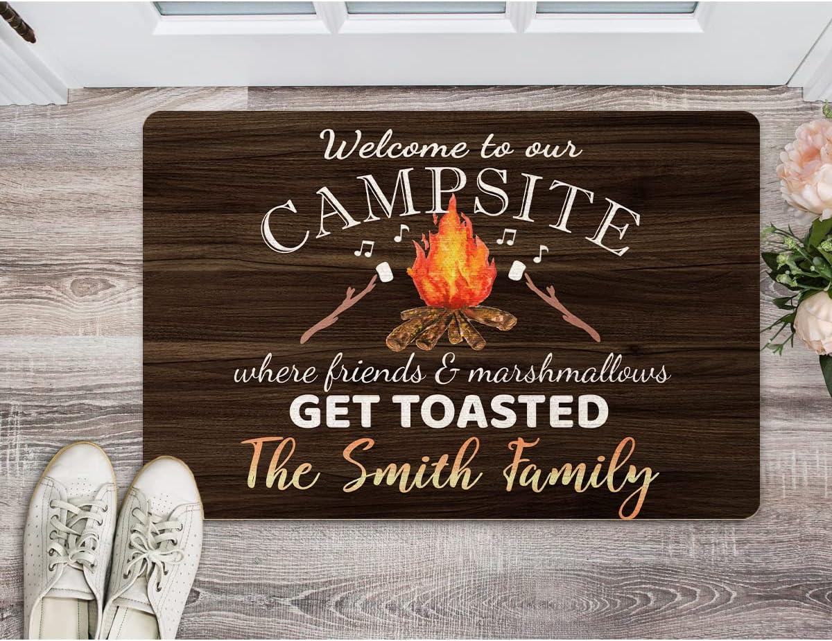 Personalized Camper Doormat 35 X 25 Welcome to Our Campesite Custom Camping RV Door Mat Customized Last Name Non Slip Doormat Campsite Rugs Outside Decor
