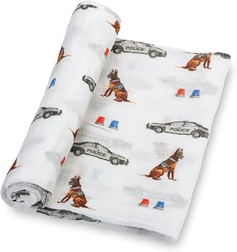 LollyBanks Muslin Swaddle Blanket, 100% Muslin Cotton Blankets for Baby Boys, 47 X 47 Inches Soft and Cozy Swaddle for Newborn Baby, Newborn Essential Police Dog Print