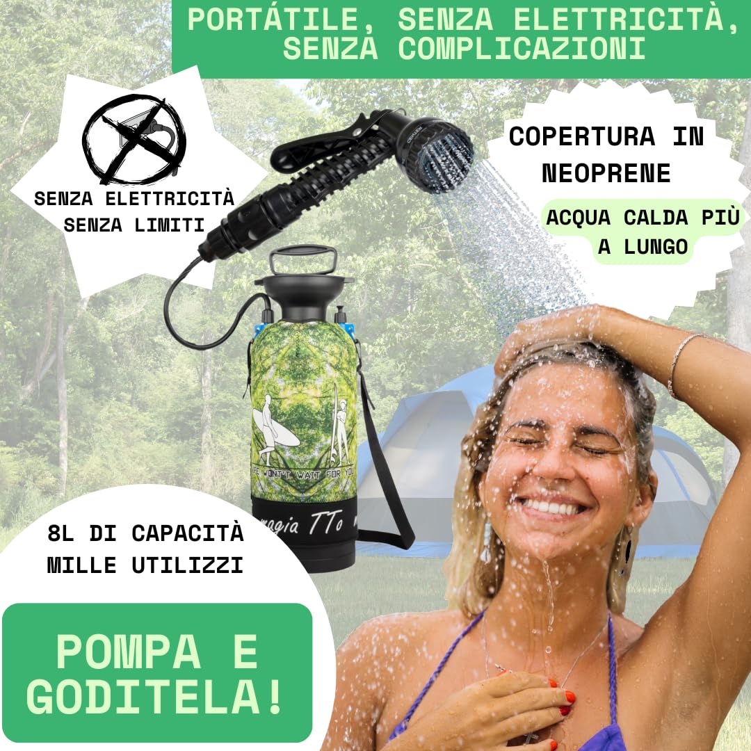 Doccia Portatile da Campeggio, Pompa Manuale 8L [Senza Elettricità] – Doccia per Camper, Viaggi, Spiaggia, Surf, Escursionismo, Cani e Animali Domestici – Facile da Trasportare