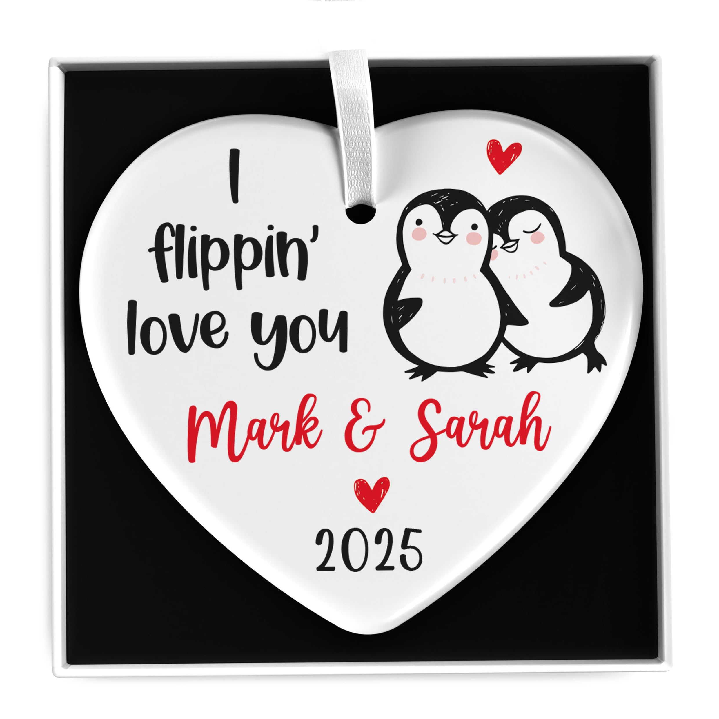 Couples Boyfriend Girlfriend Christmas Decoration, Personalised Penguin Tree Ornament, Funny Xmas Bauble For Couples, Ceramic Heart Circle With Gift Box