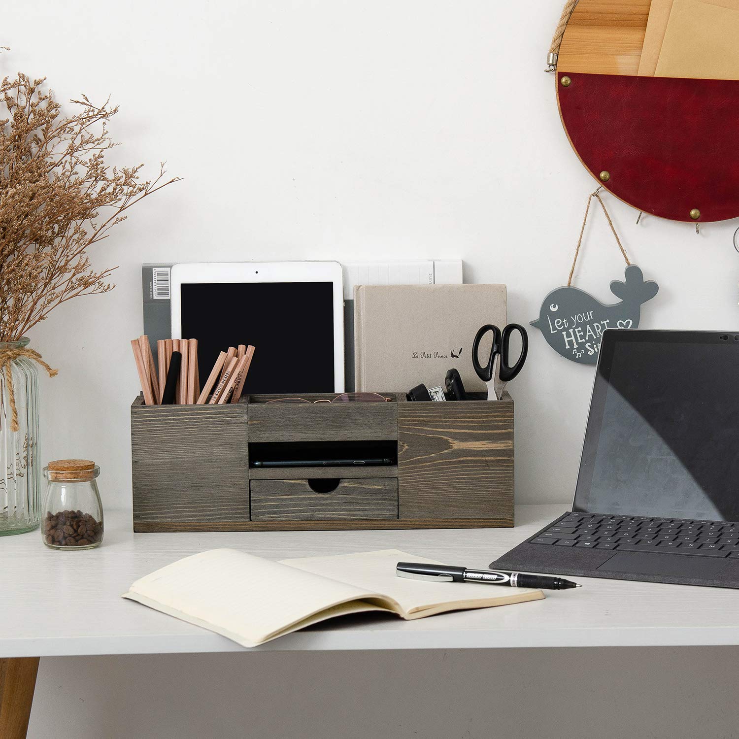 Liry Products - Organizador de escritorio de madera marrón, con múltiples compartimentos, estante de estante de mesa, gabinete de almacenamiento de madera, suministros de oficina, organizador de