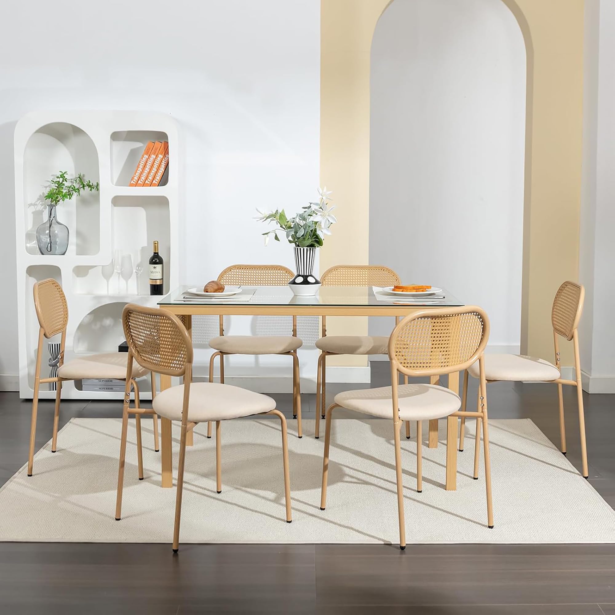 Silla de ratán para comedor, juego de 6, sillas de comedor con respaldo de cocina, silla cannage comedor, silla cómoda con patas (color madera A, 6 piezas)