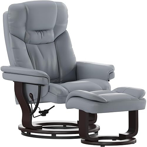 Flash Furniture Allie Contemporary Multi-Position Recliner and Curved Ottoman with Swivel Mahogany Wood Base in Gray LeatherSoft