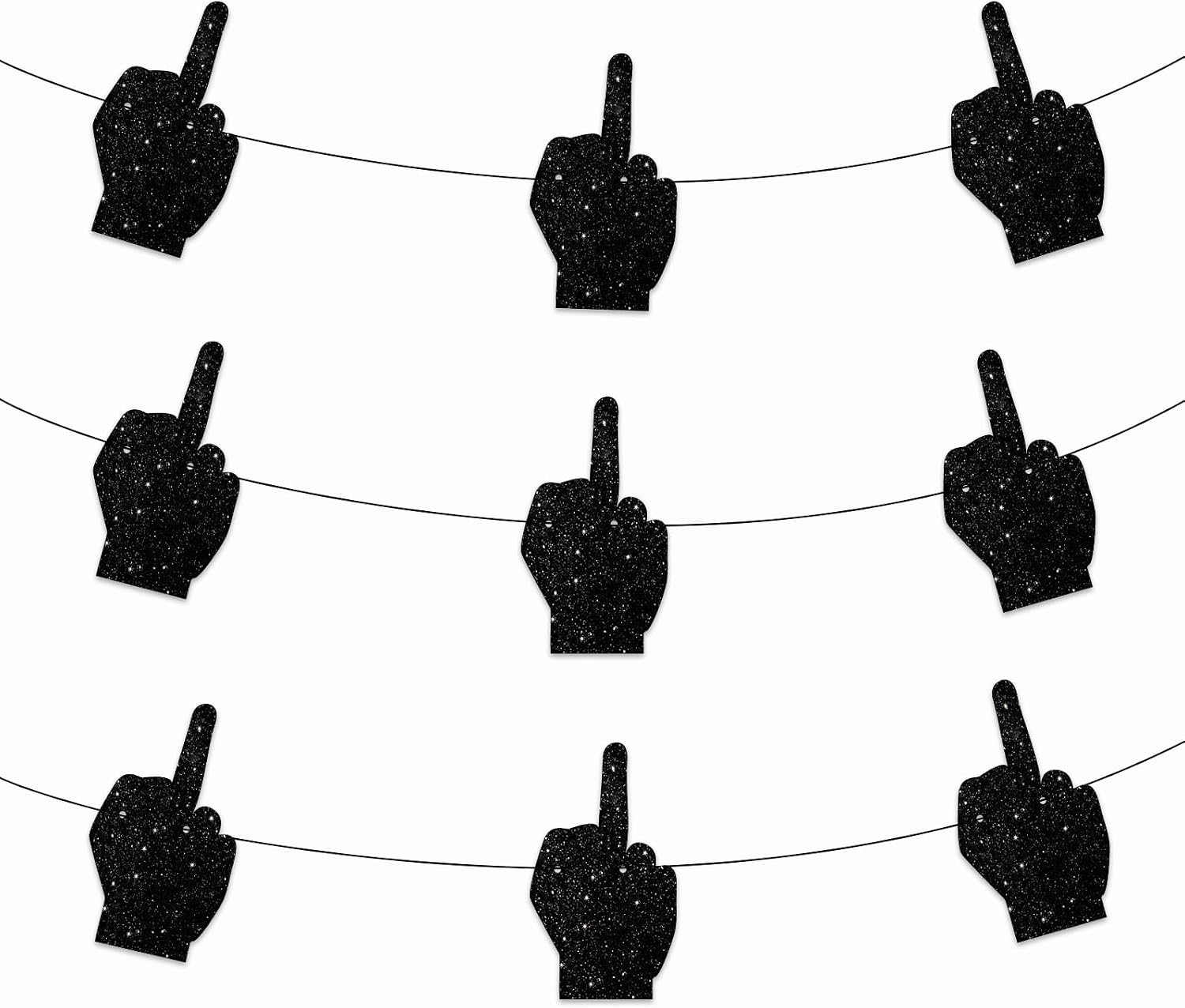 9pcs Middle Finger Black Glitter Silhouette Banner FunnyTheme Background Decor Cheer to Men Women Happy Birthday Anniversary Wedding Party Supplies Photo Booth Backdrop Props Decorations