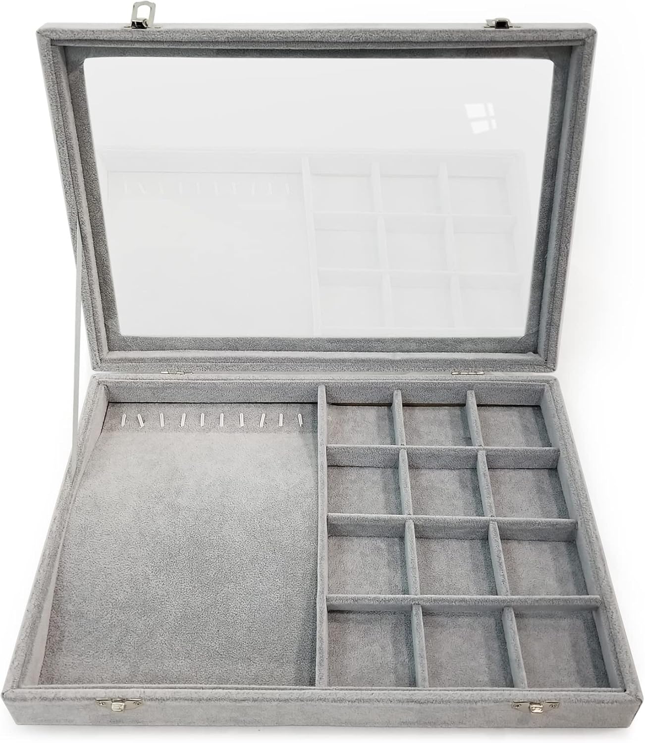 Ice Velvet Jewelry Box Display Case with a Clear Glass Window,10 Hooks Necklace Organizer Box and 12 Grids for Earrings Rings Storage Grey