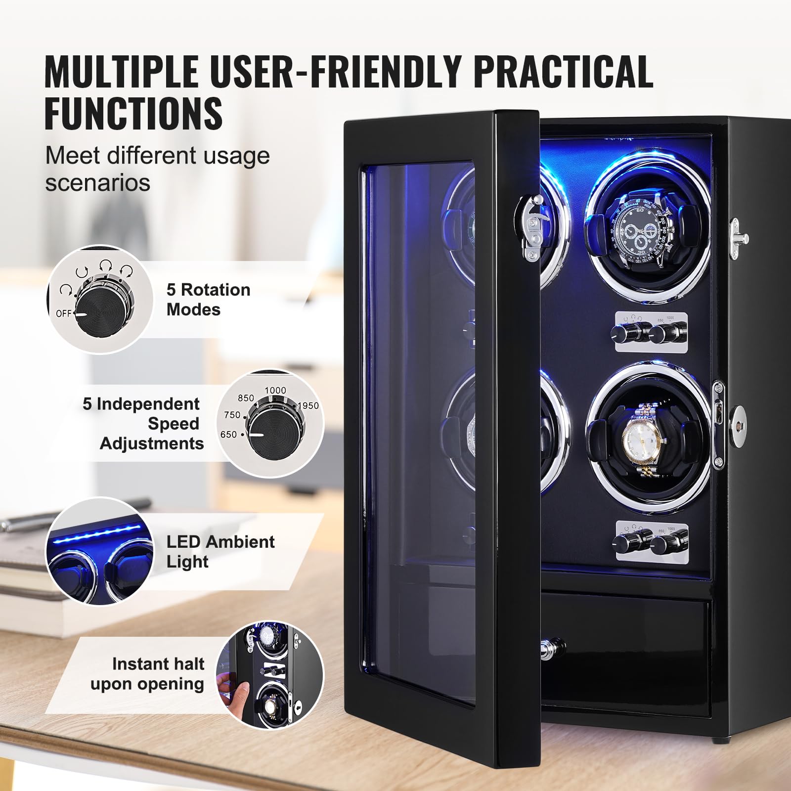 VEVOR Uhrenbeweger Uhrenbeweger für 4 Herren Damen Automatikuhren, mit 4 super leisen japanischen Mabuchi-Motoren, blauem LED-Licht und Adapter, hochdichter Boardschale und schwarzem PU