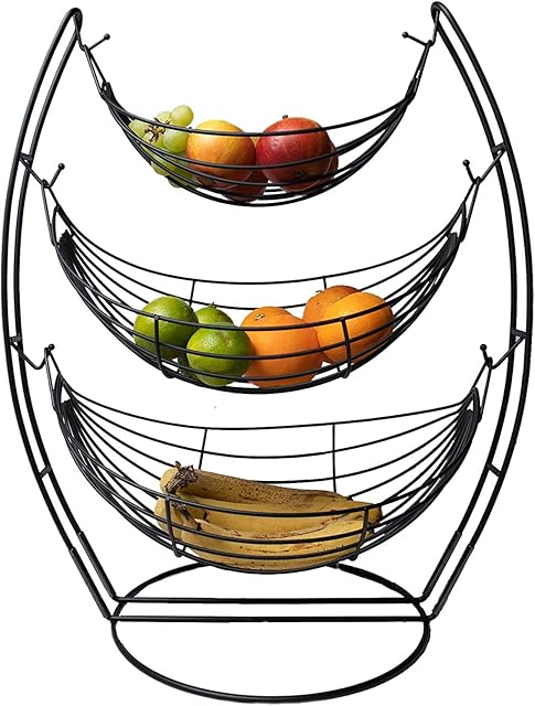 3 Tier Gunmetal Black Triple Hammock Fruit / Vegetable / Produce Metal Basket Rack Display Stand