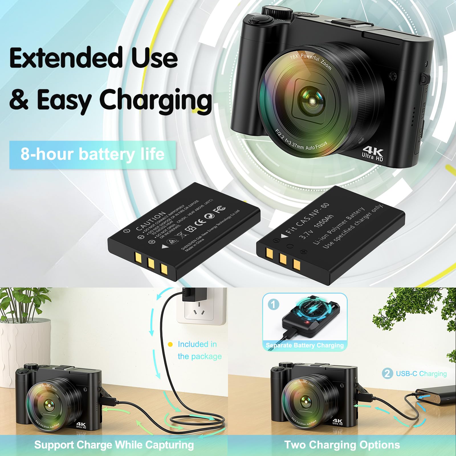 Cámara Digital, Cámara de Fotos HD 4K 64MP Zoom 16X, Cámara de Fotos Selfie con Enfoque Automático, Flash Incorporado Recargable Camara con 2 baterías, 1 Cargador de batería (Tarjeta SD no incluida)