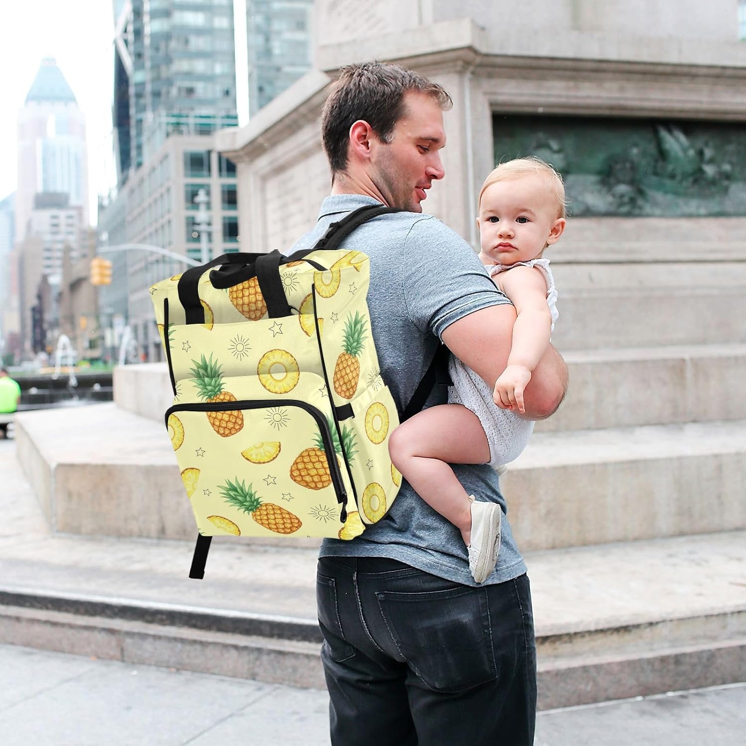 SPRIPORT Tropical Pineapple Stars Yellow Print Diaper Bag Backpack for Baby Boys Girls Multifunction Baby Essentials Travel Tote with Stroller Straps & Bottle Storage Baby Diaper Bag for Moms Dads