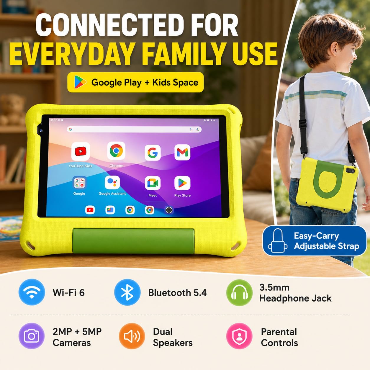 Tablet infantil de 8 pulgadas Android 15, Octa-Core 12 GB de RAM + 64 GB de ROM, tablet para niños pequeños con WiFi 6, control parental, espacio infantil preinstalado, funda EVA, protector de