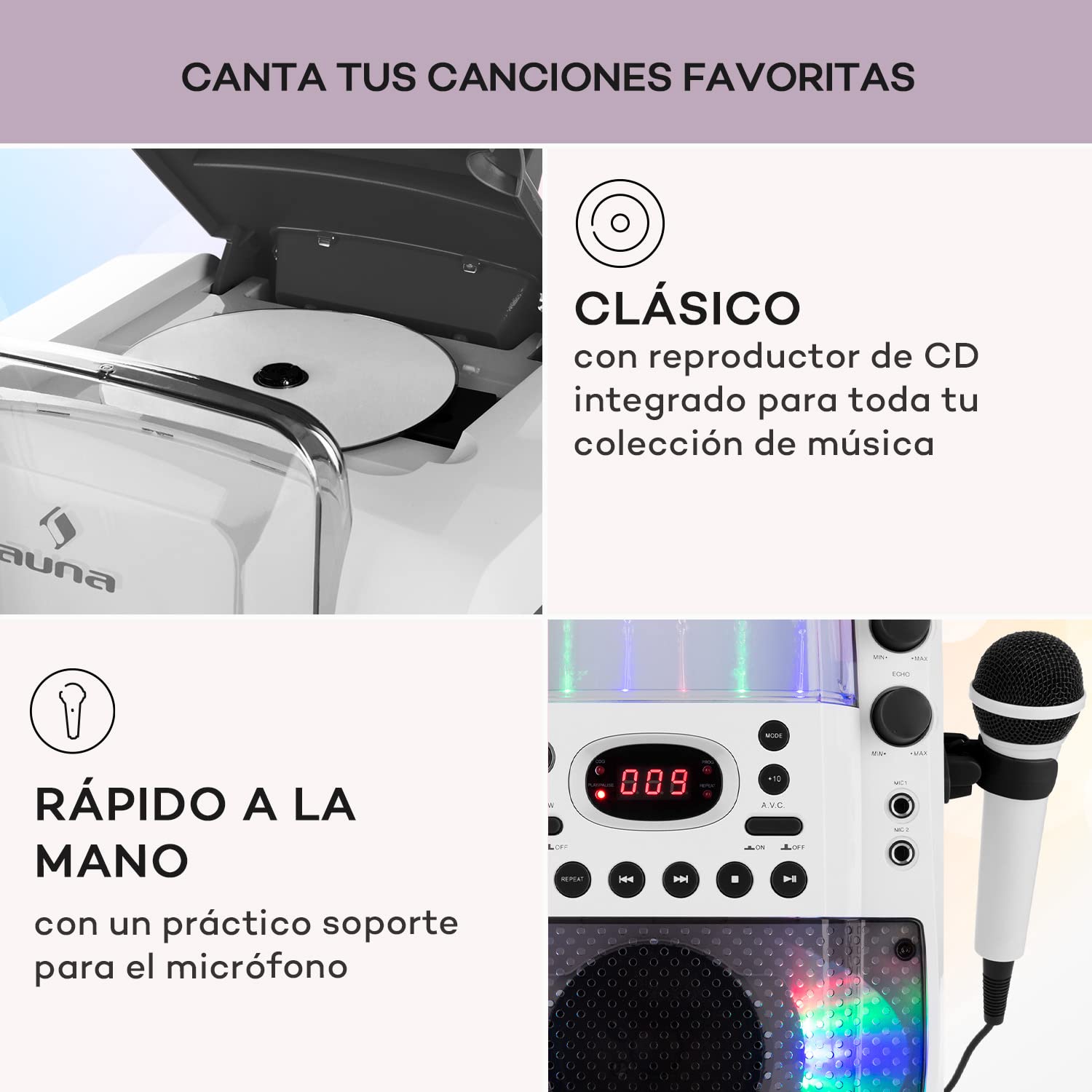 Auna KTV Karaoke con CD y 2 Microfonos Karaoke Portatil para Adultos y Niños, Display de Luces LED, RCA Video, AUX y con Entrada Puerto USB, Microfono Karaoke Infantil, Aparato con Sistema Audio
