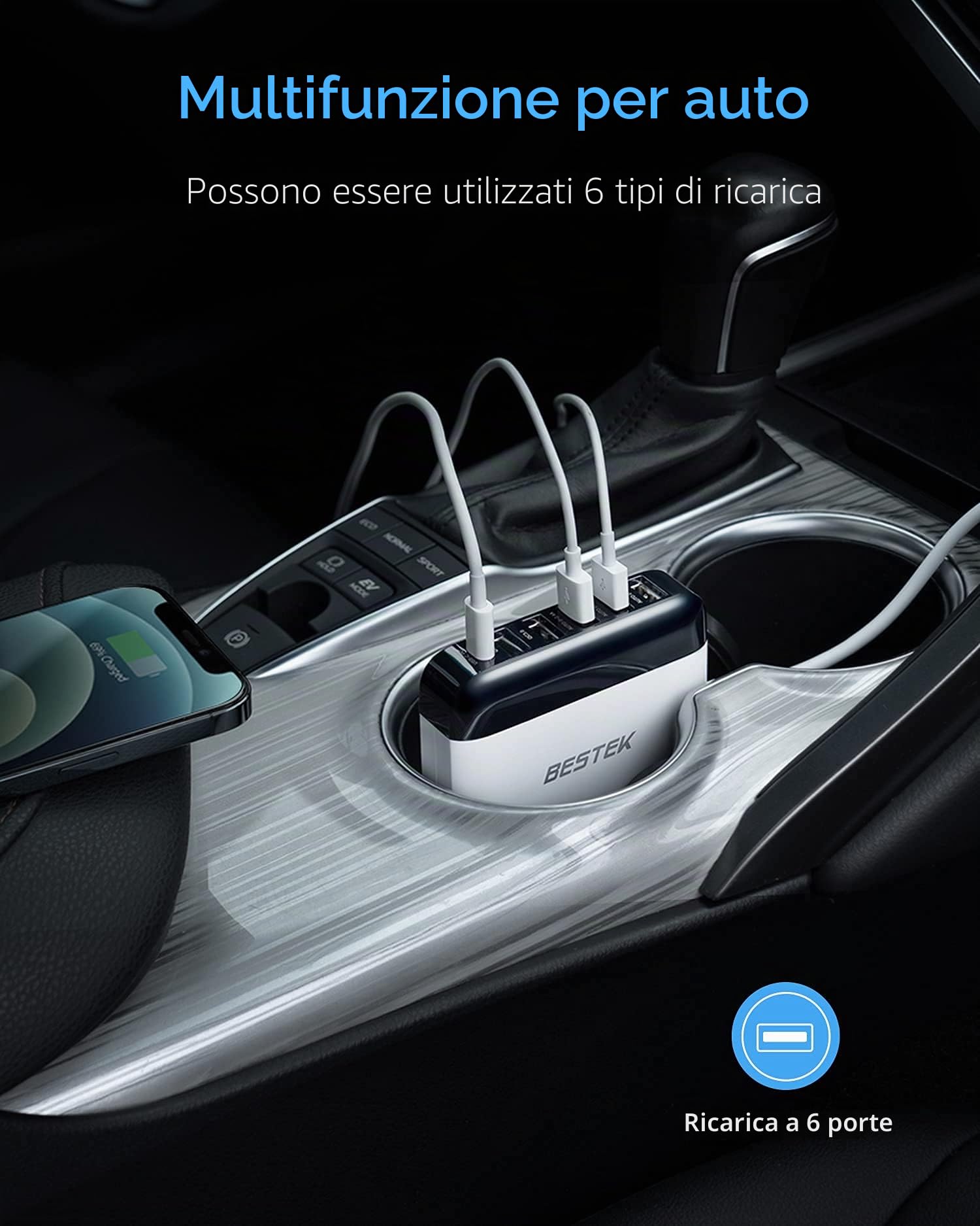 BESTEK Caricabatteria da auto 86 W USB-C PD, caricatore da auto a ricarica rapida QC3.0, adattatore accendisigari USB 12 V/24 V con cavo da 1,5 m (bianco)